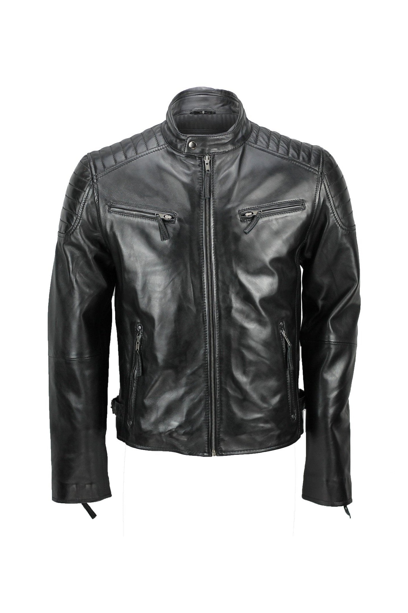 MensReal Soft Leather Slim Fit Black Retro Zip Urban Smart Casual Biker Jacket