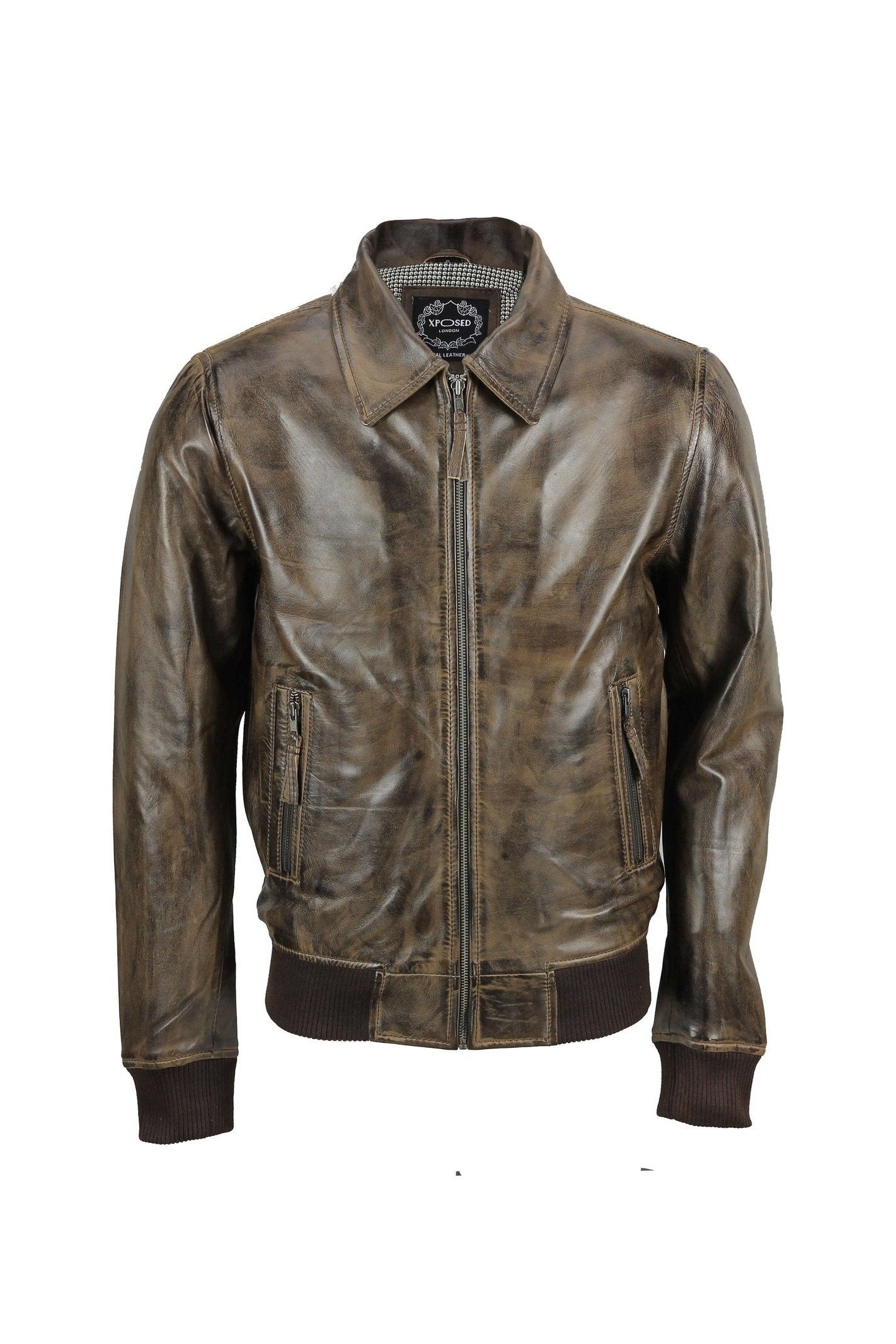 BOMBER COLLAR BIKER LEATHER JACKET IN BROWN