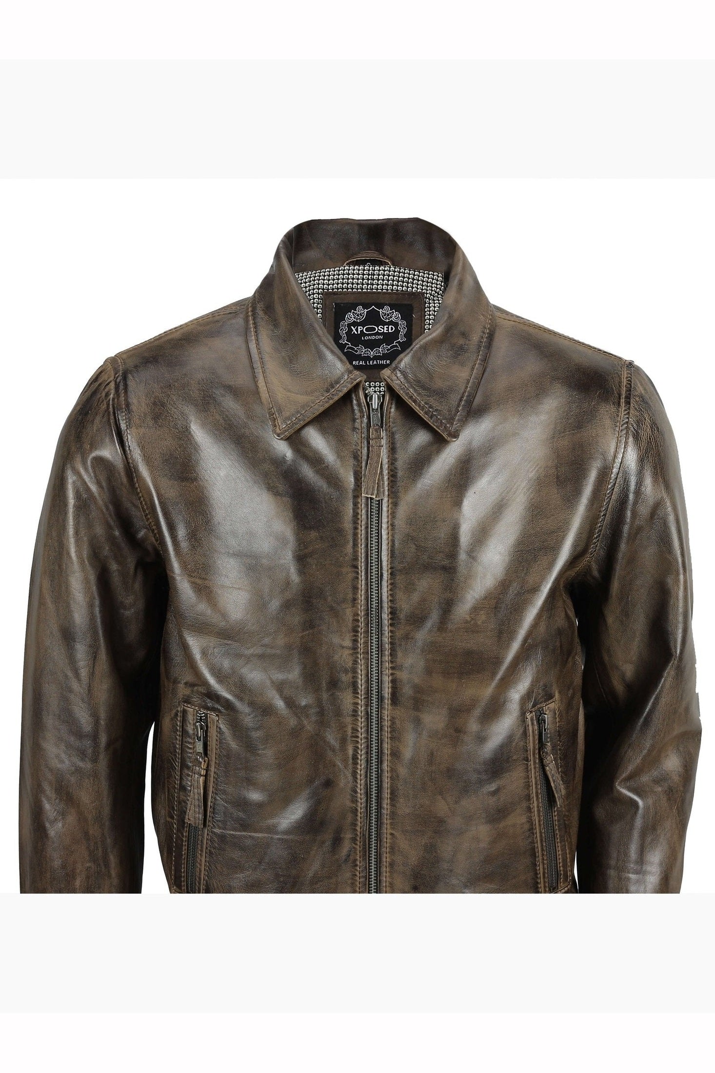 BOMBER COLLAR BIKER LEATHER JACKET IN BROWN