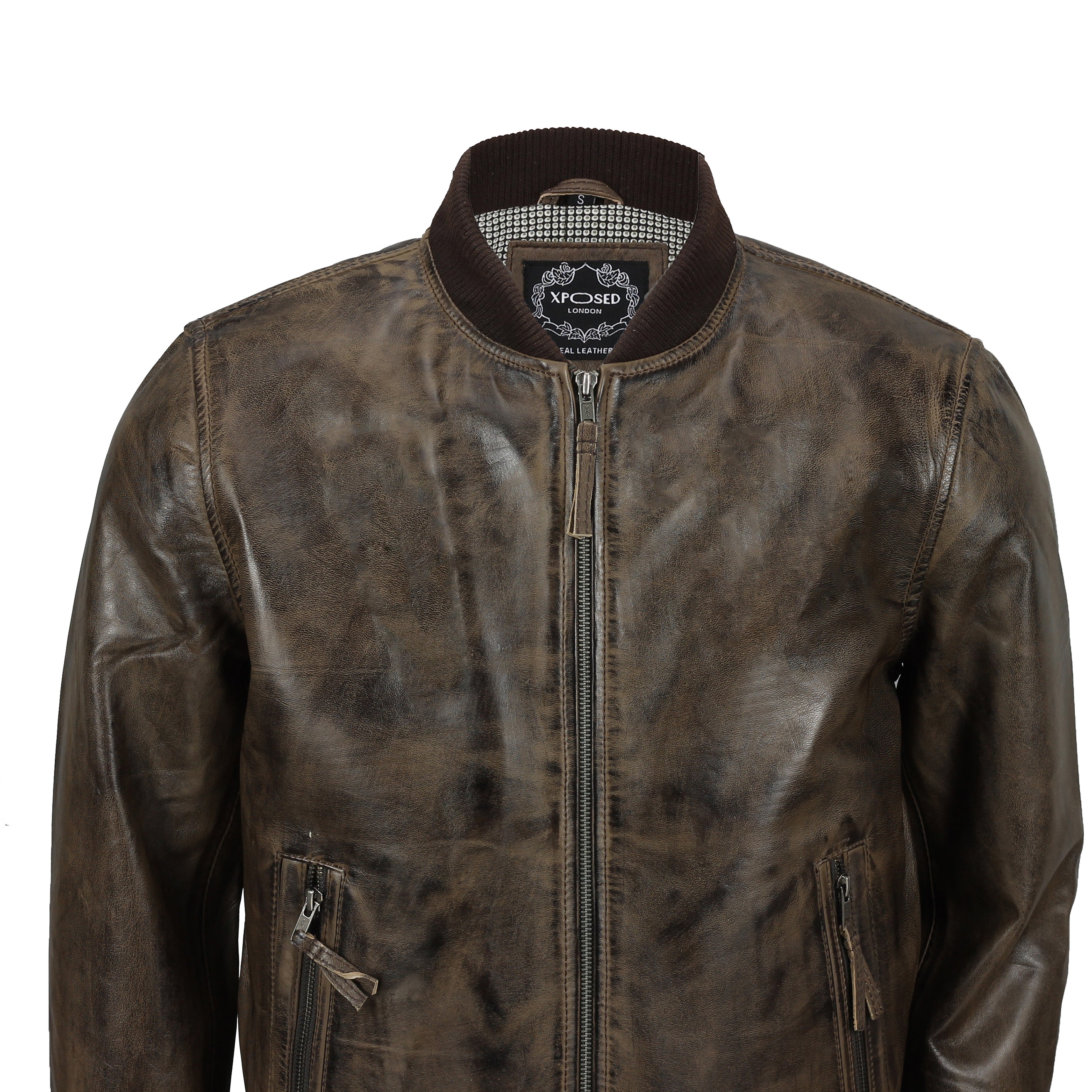 BOMBER NO COLLAR BROWN LEATHER JACKET