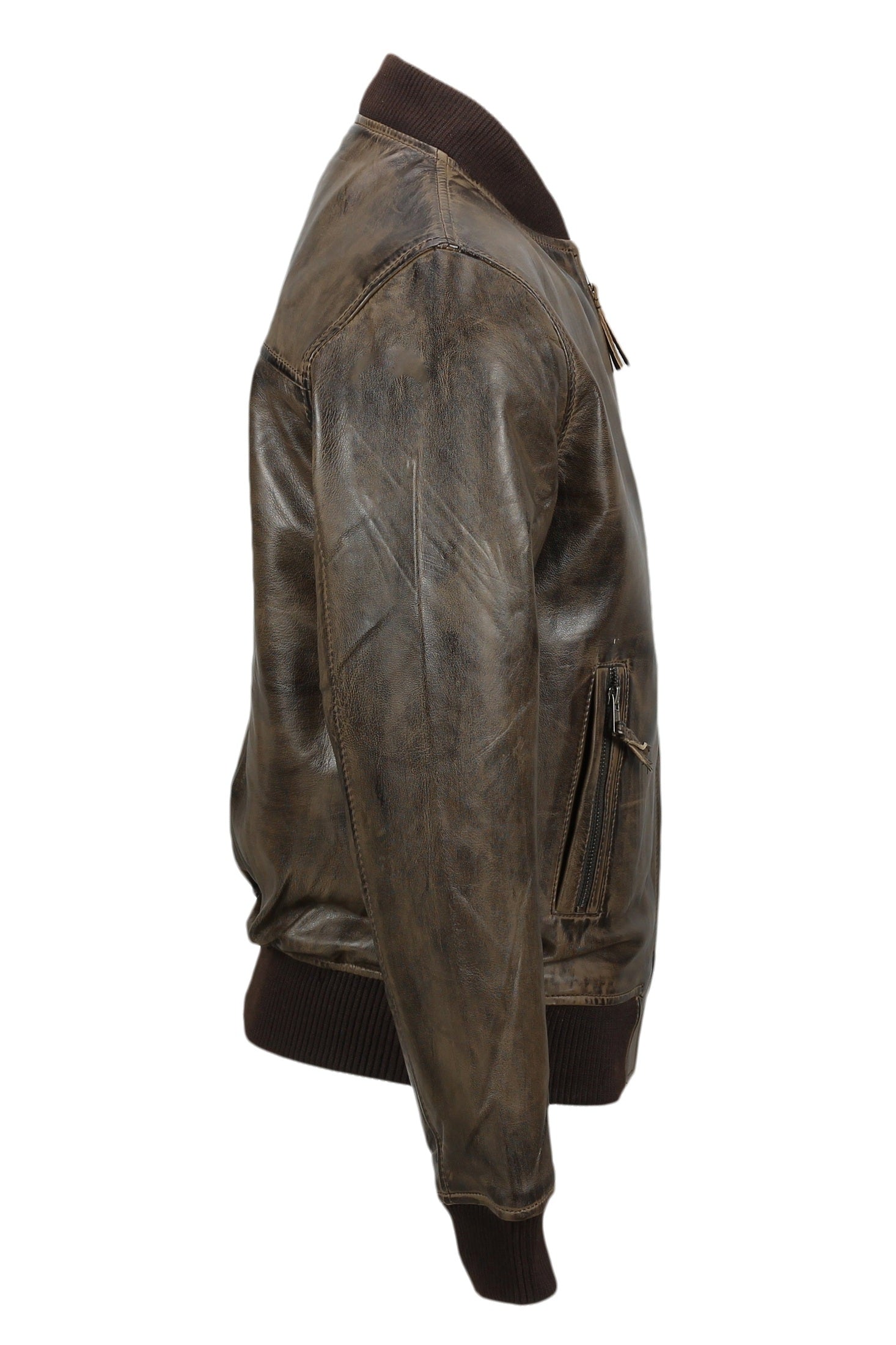 BOMBER NO COLLAR BROWN LEATHER JACKET