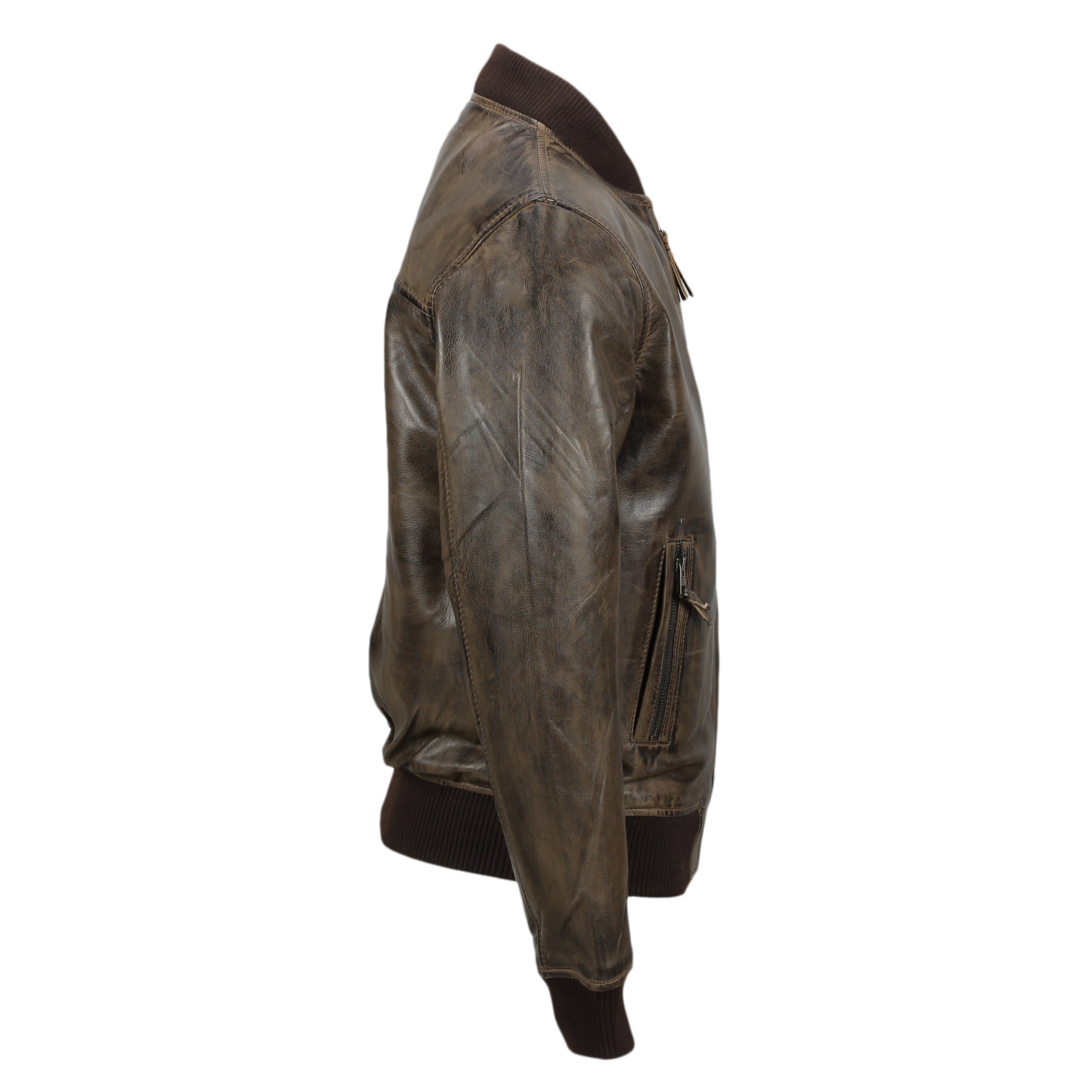 BOMBER NO COLLAR BROWN LEATHER JACKET