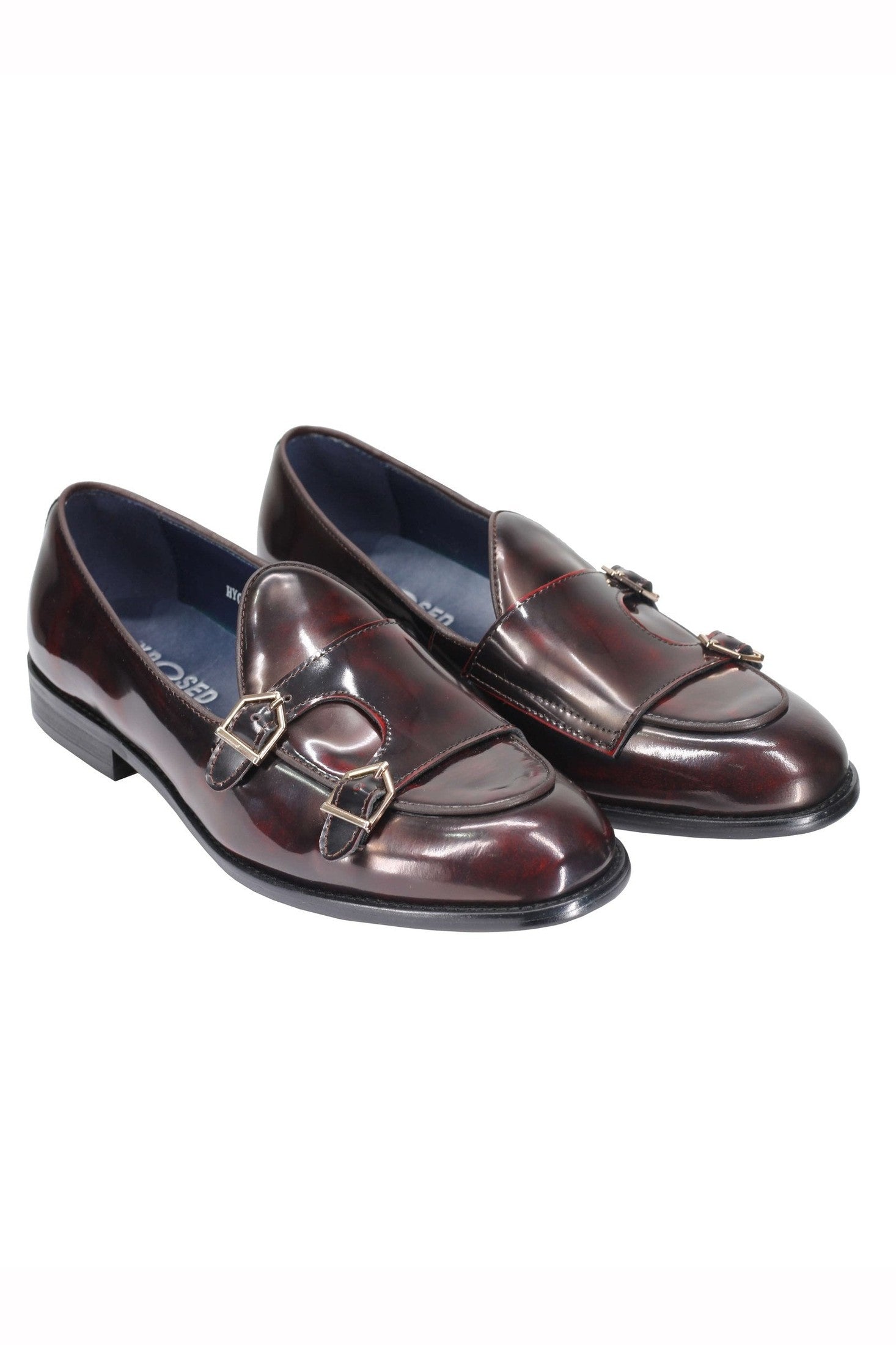 Mens Double Monk Loafers in Maroon Wine Patent Real Leather Slip on Shoes