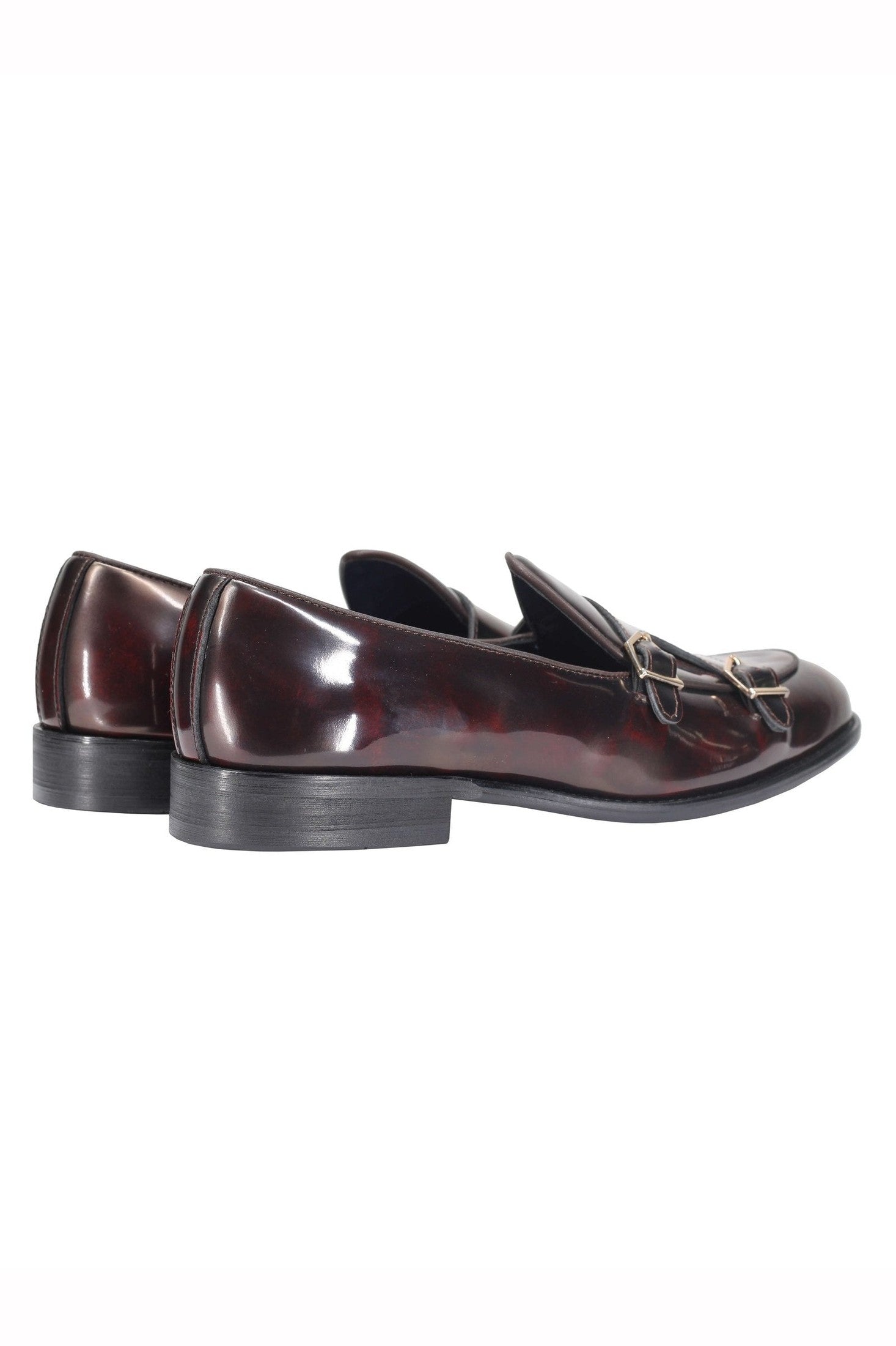 Mens Double Monk Loafers in Maroon Wine Patent Real Leather Slip on Shoes