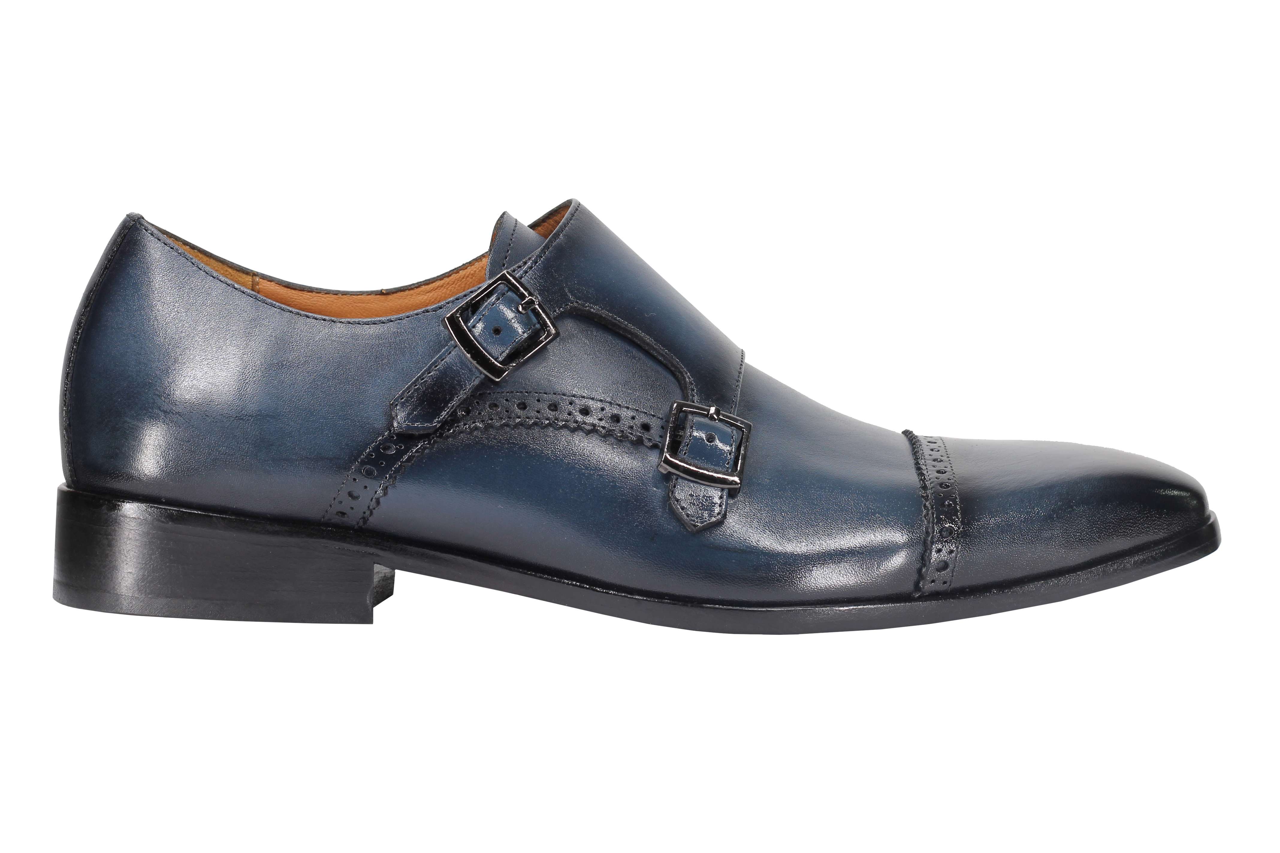 BLUE CALF LEATHER SEMI BROGUE MONK SHOES