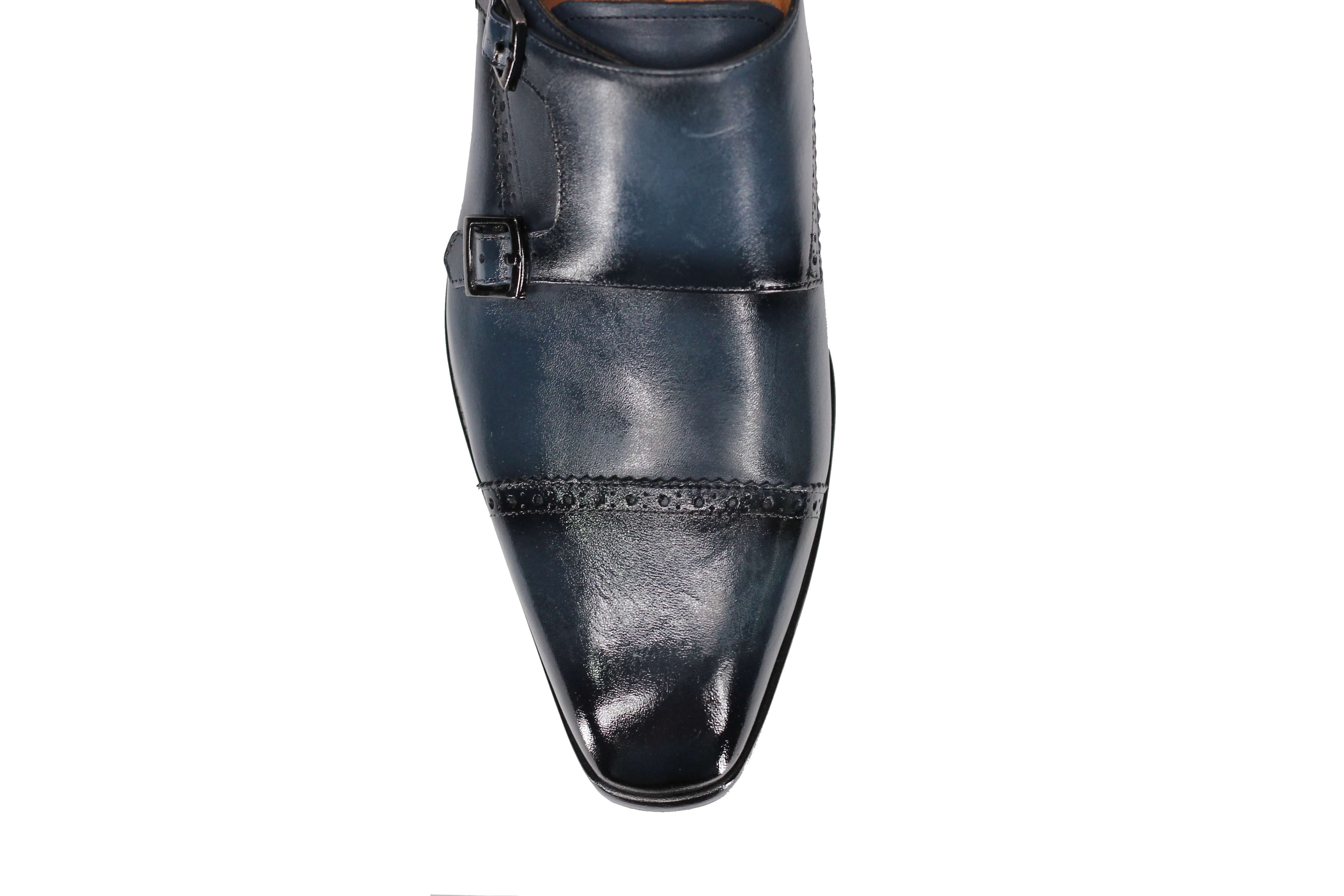 BLUE CALF LEATHER SEMI BROGUE MONK SHOES