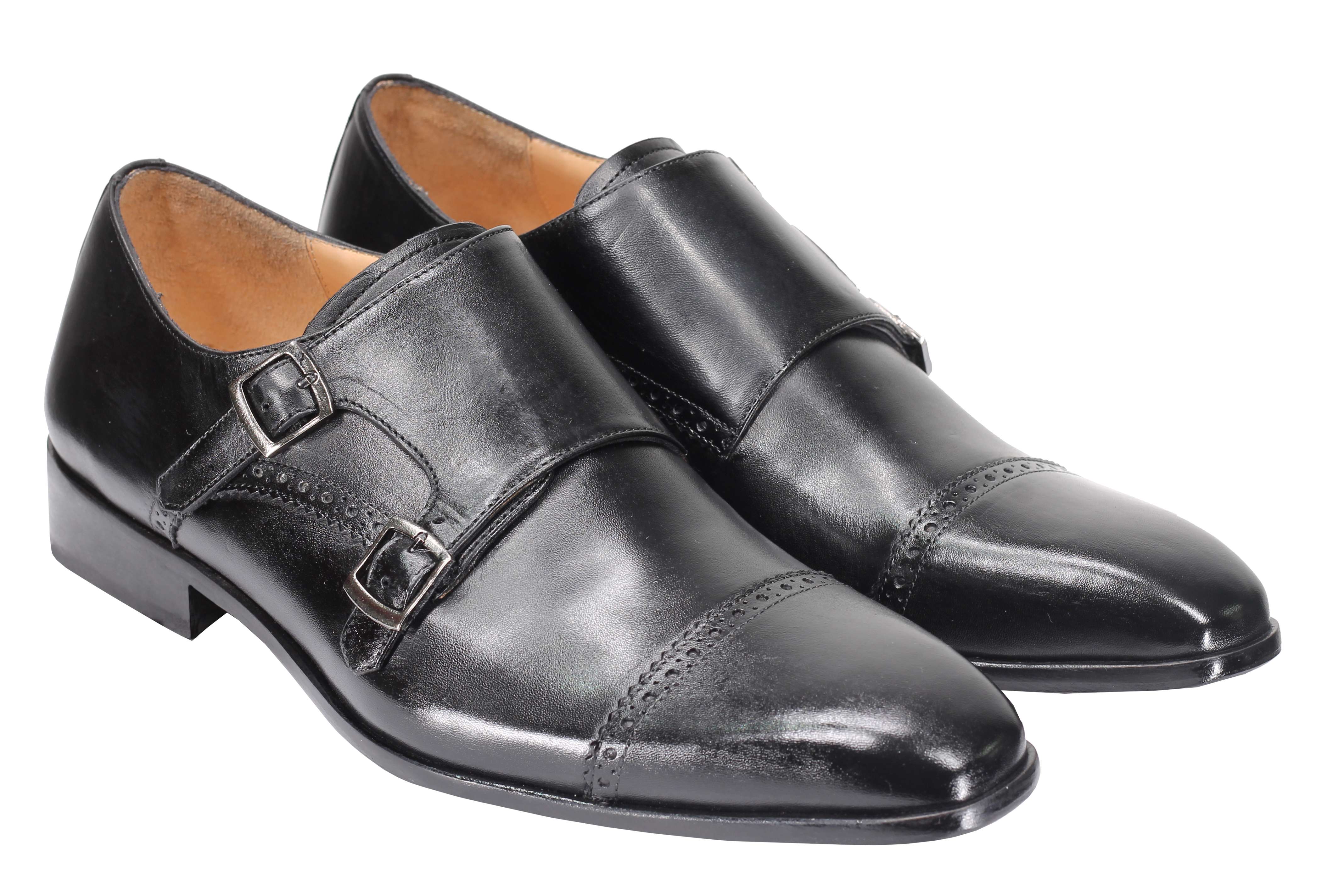 BLACK CALF LEATHER SEMI BROGUE MONK SHOES