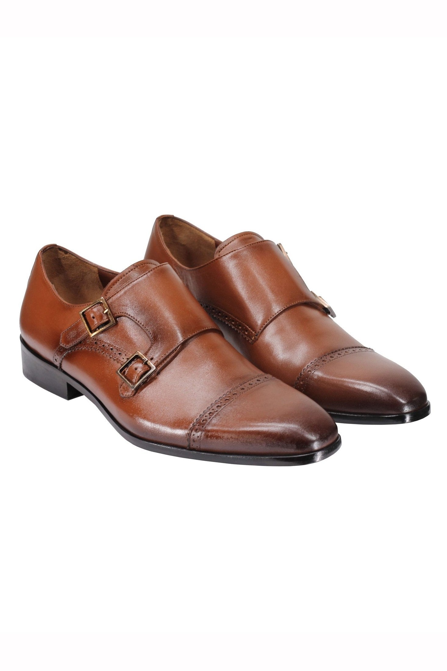 BROWN CALF LEATHER SEMI BROGUE MONK SHOES