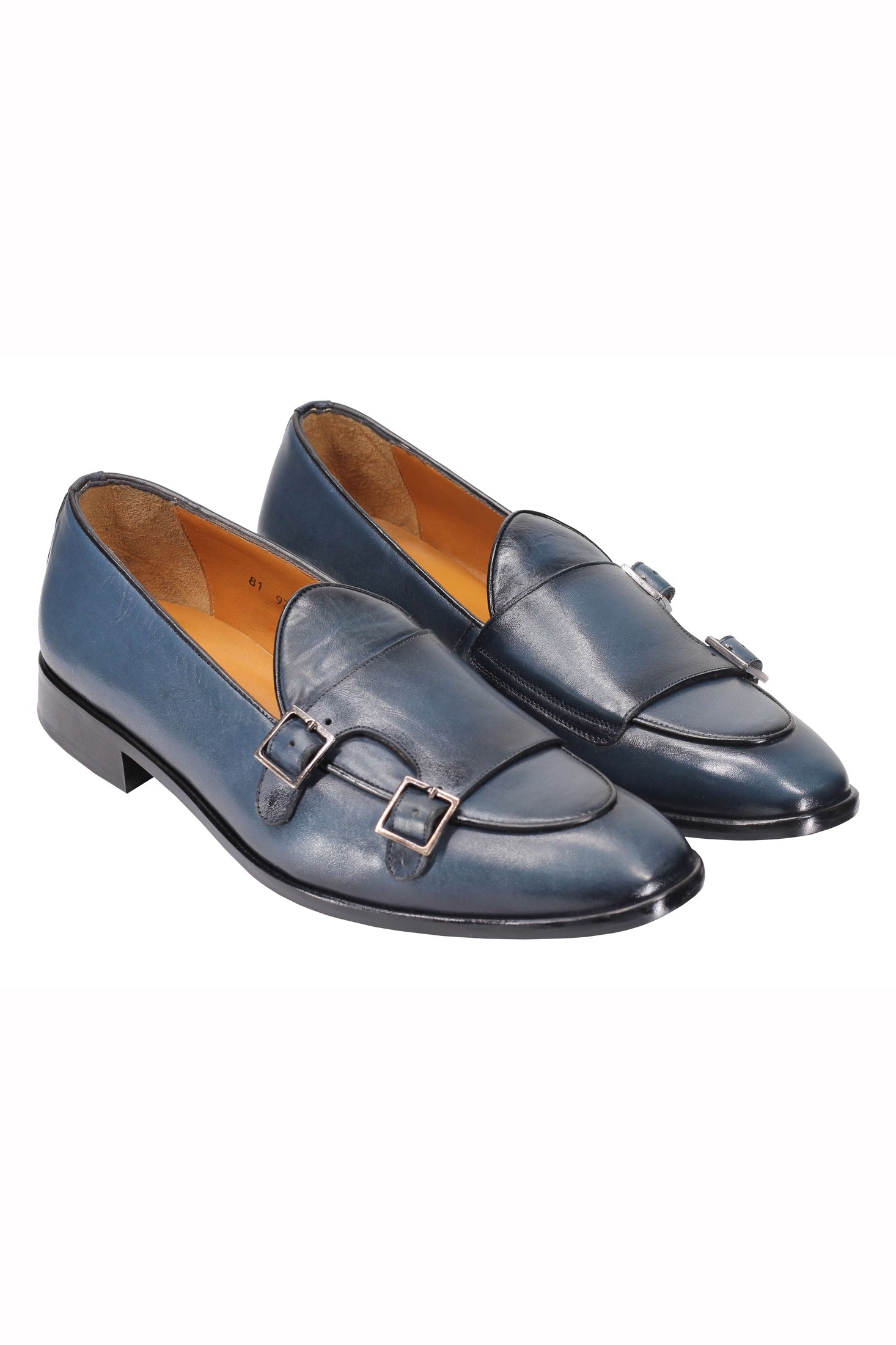 Blue Calf Leather Double Monk Loafers