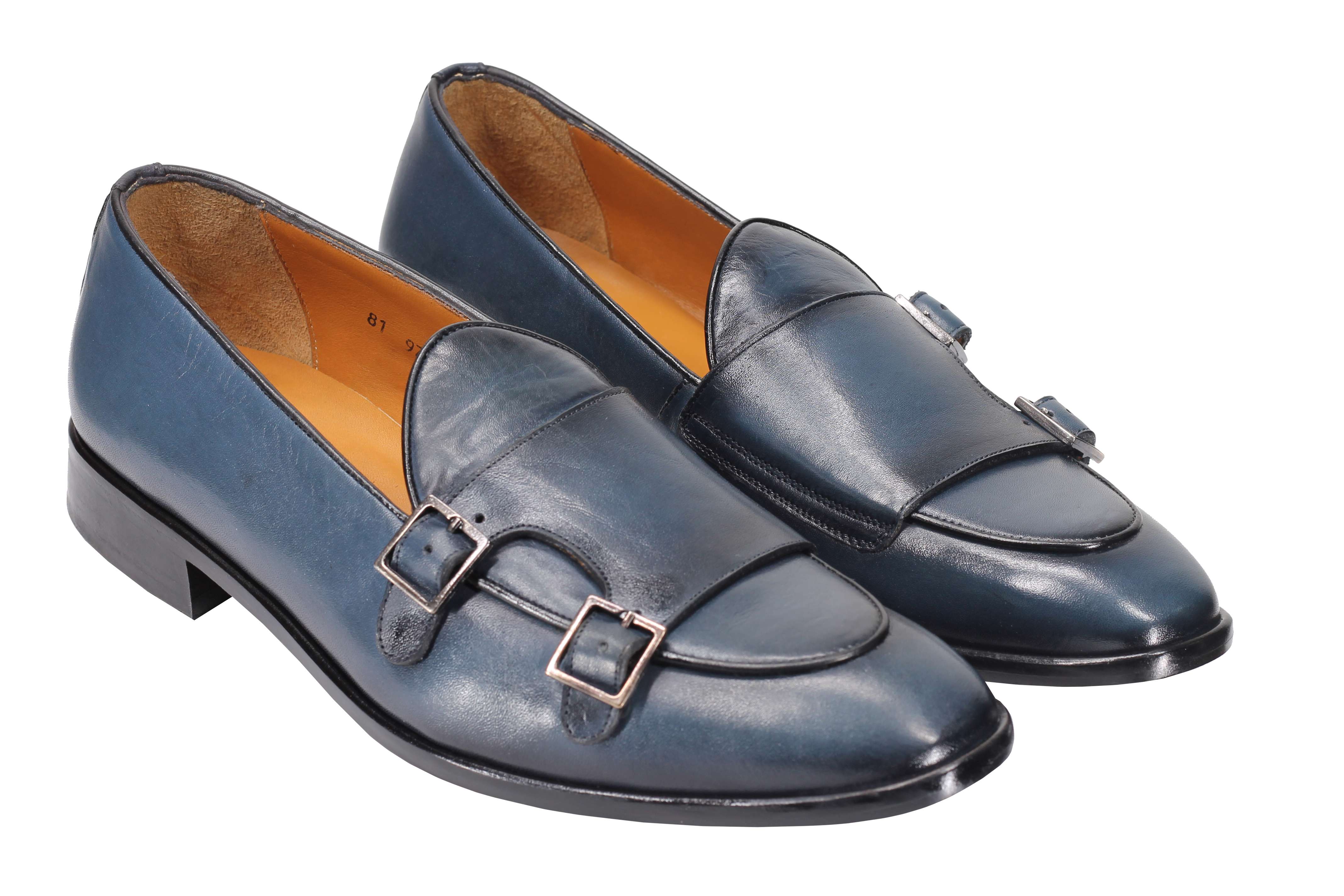 Blue Calf Leather Double Monk Loafers
