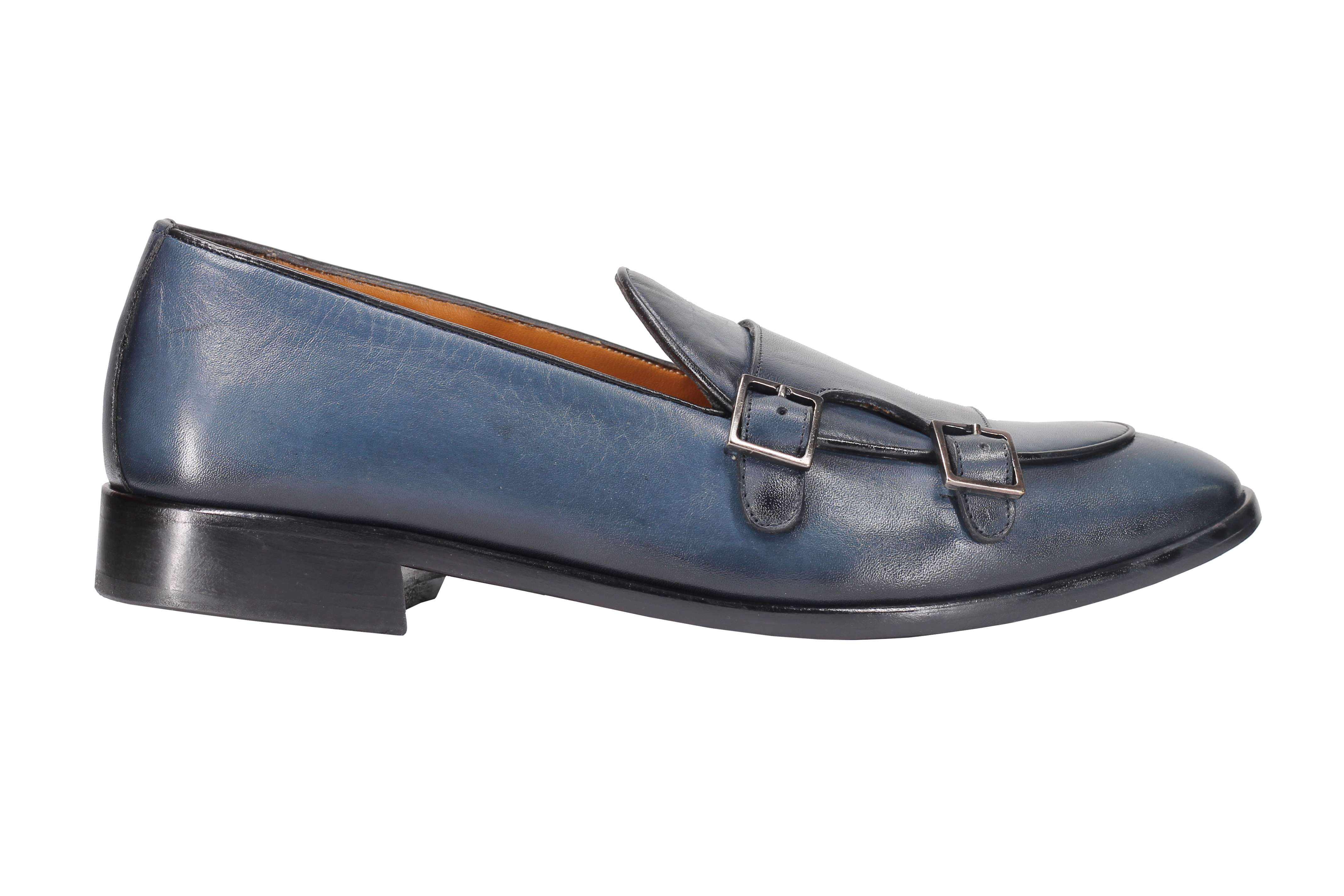 Blue Calf Leather Double Monk Loafers