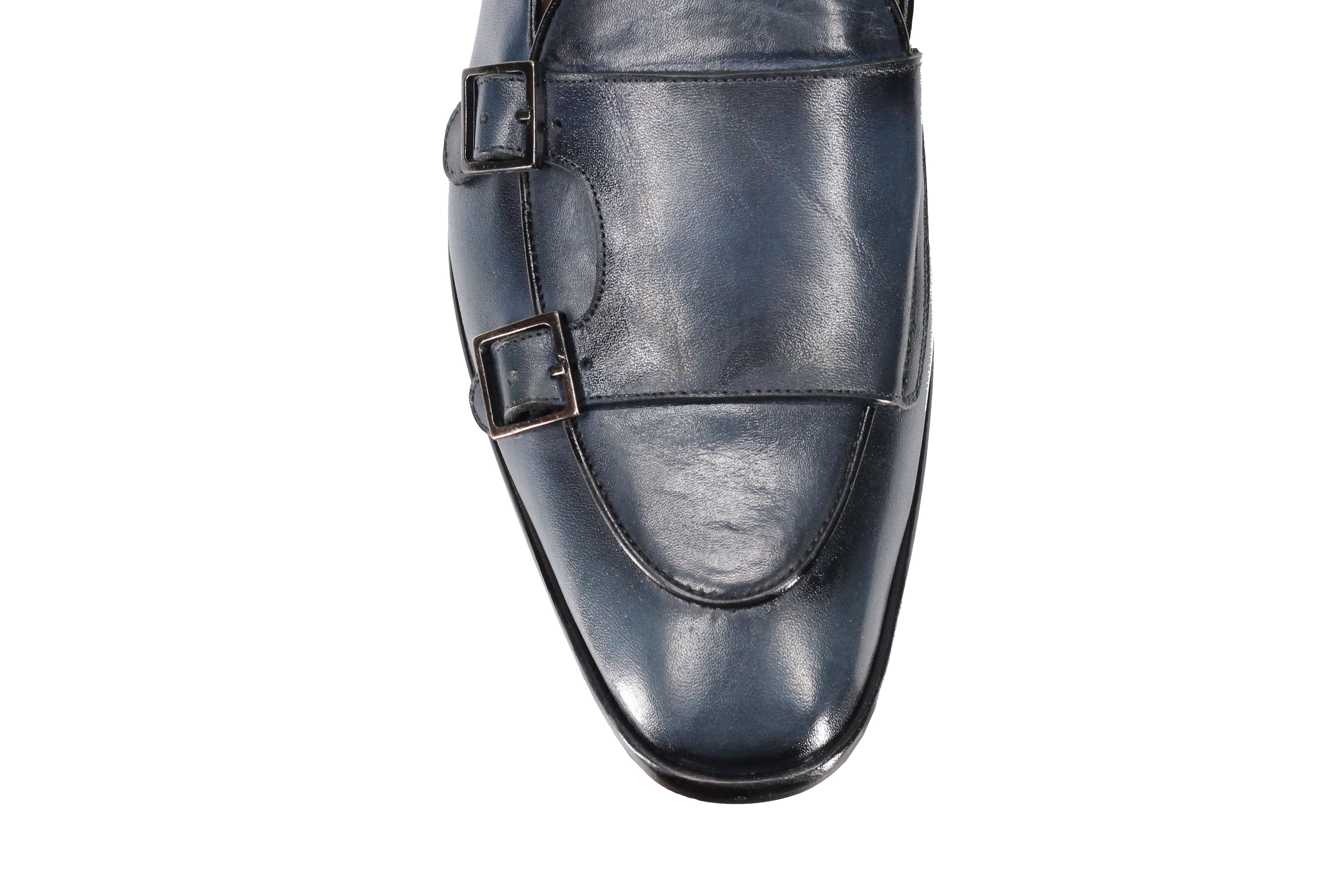 Blue Calf Leather Double Monk Loafers