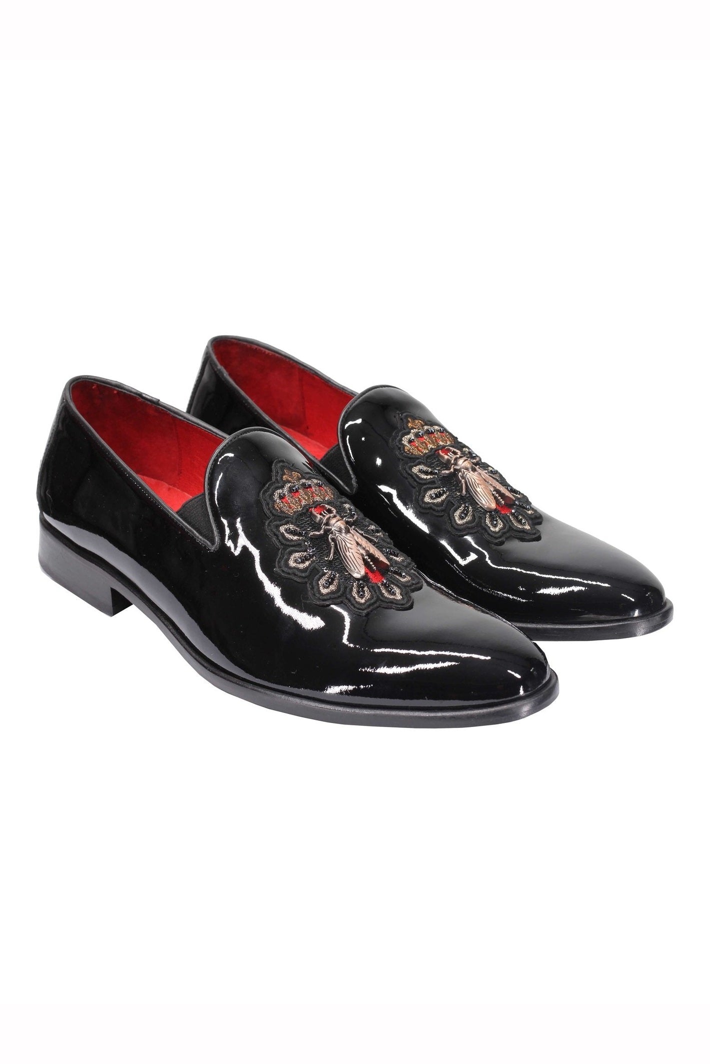 Mens Black Patent Loafers Embroidery Crown & Bee Baroque Real Leather Sole Shoes