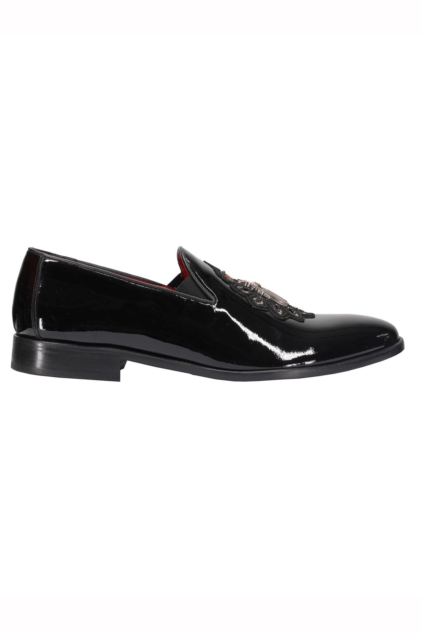 Mens Black Patent Loafers Embroidery Crown & Bee Baroque Real Leather Sole Shoes