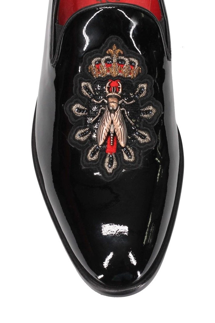 Mens Black Patent Loafers Embroidery Crown & Bee Baroque Real Leather Sole Shoes