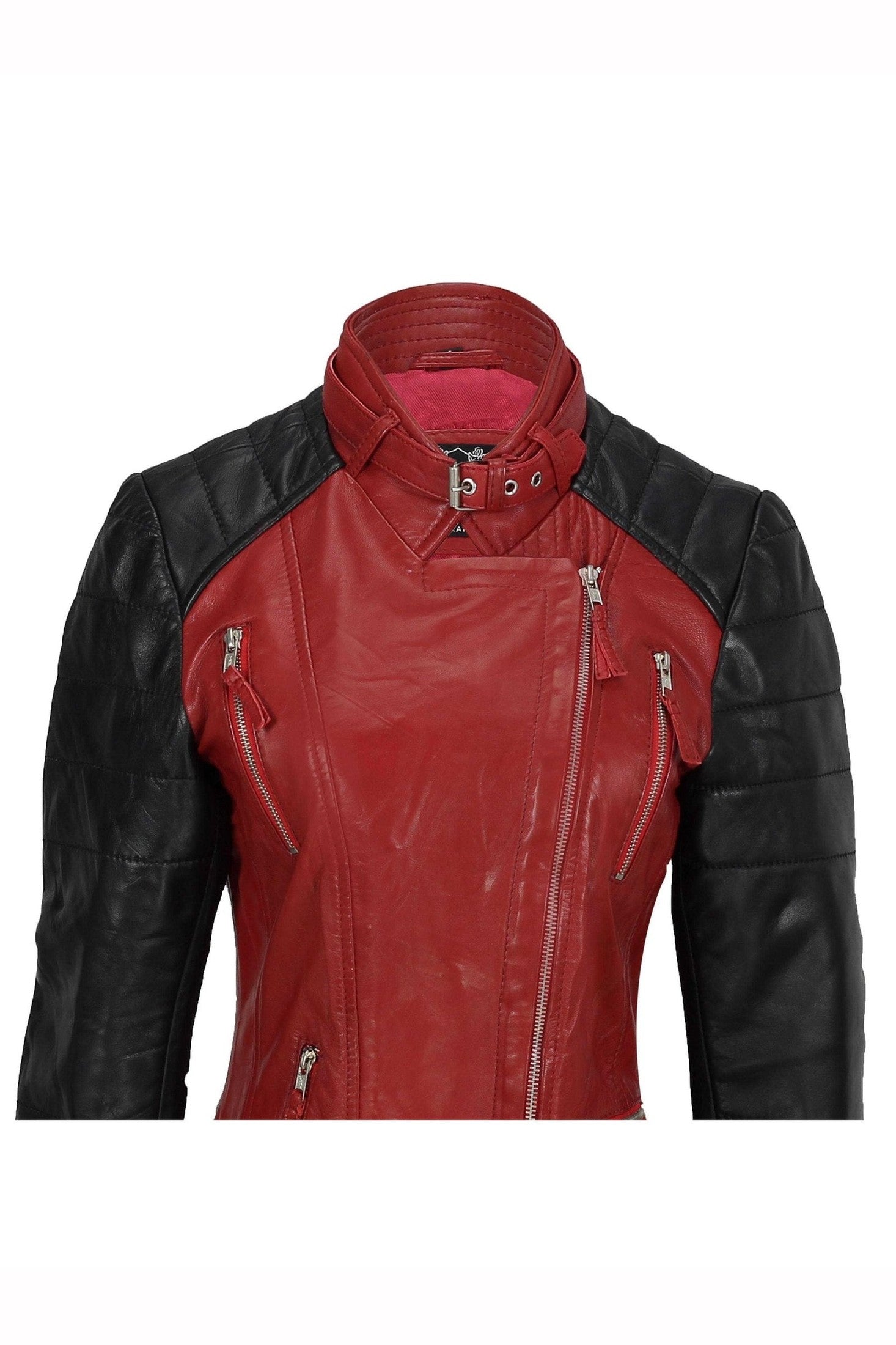 New Ladies Black Red Vintage Soft Genuine Real Leather Biker Jacket Size Fitted