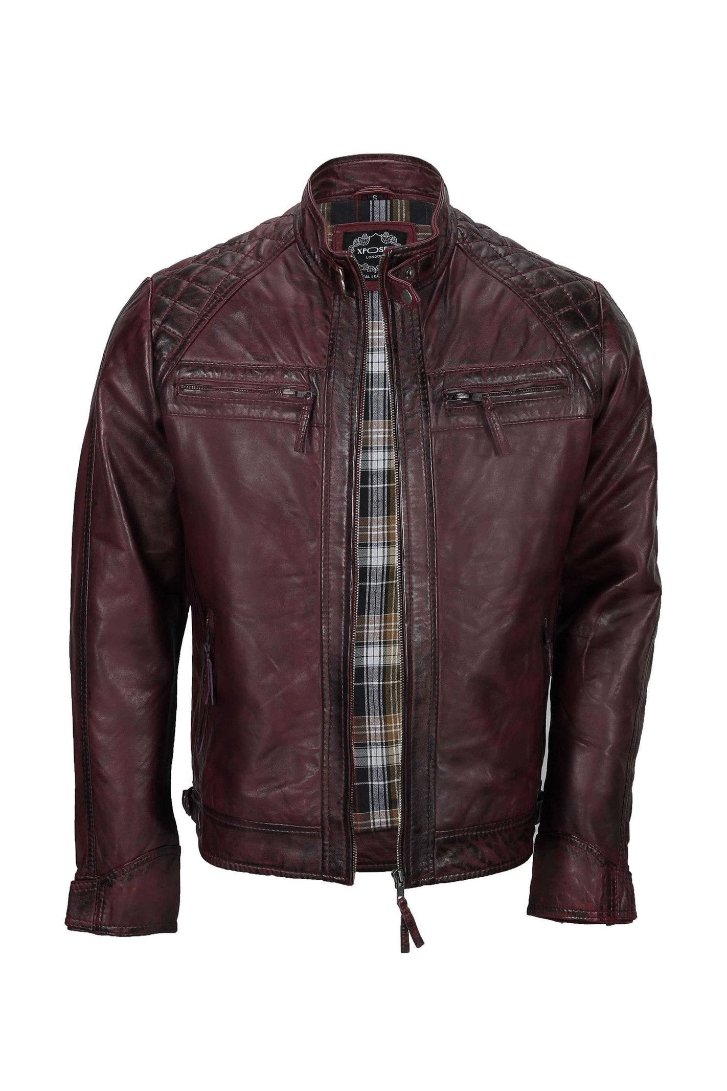 Mens Real Leather Antiqued Wash Wine Maroon Vintage Slim Fit Biker Style Jacket