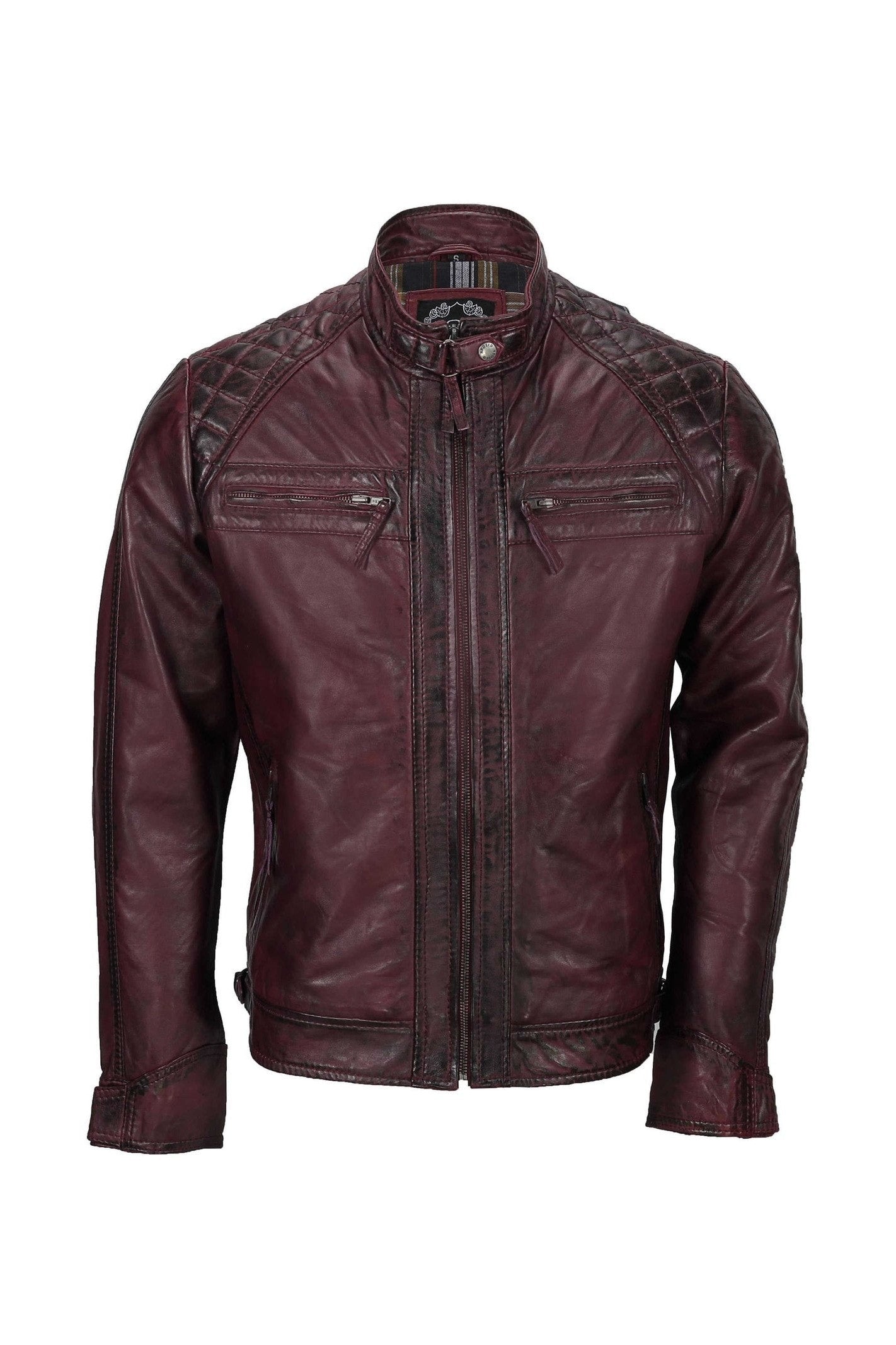 Mens Real Leather Antiqued Wash Wine Maroon Vintage Slim Fit Biker Style Jacket