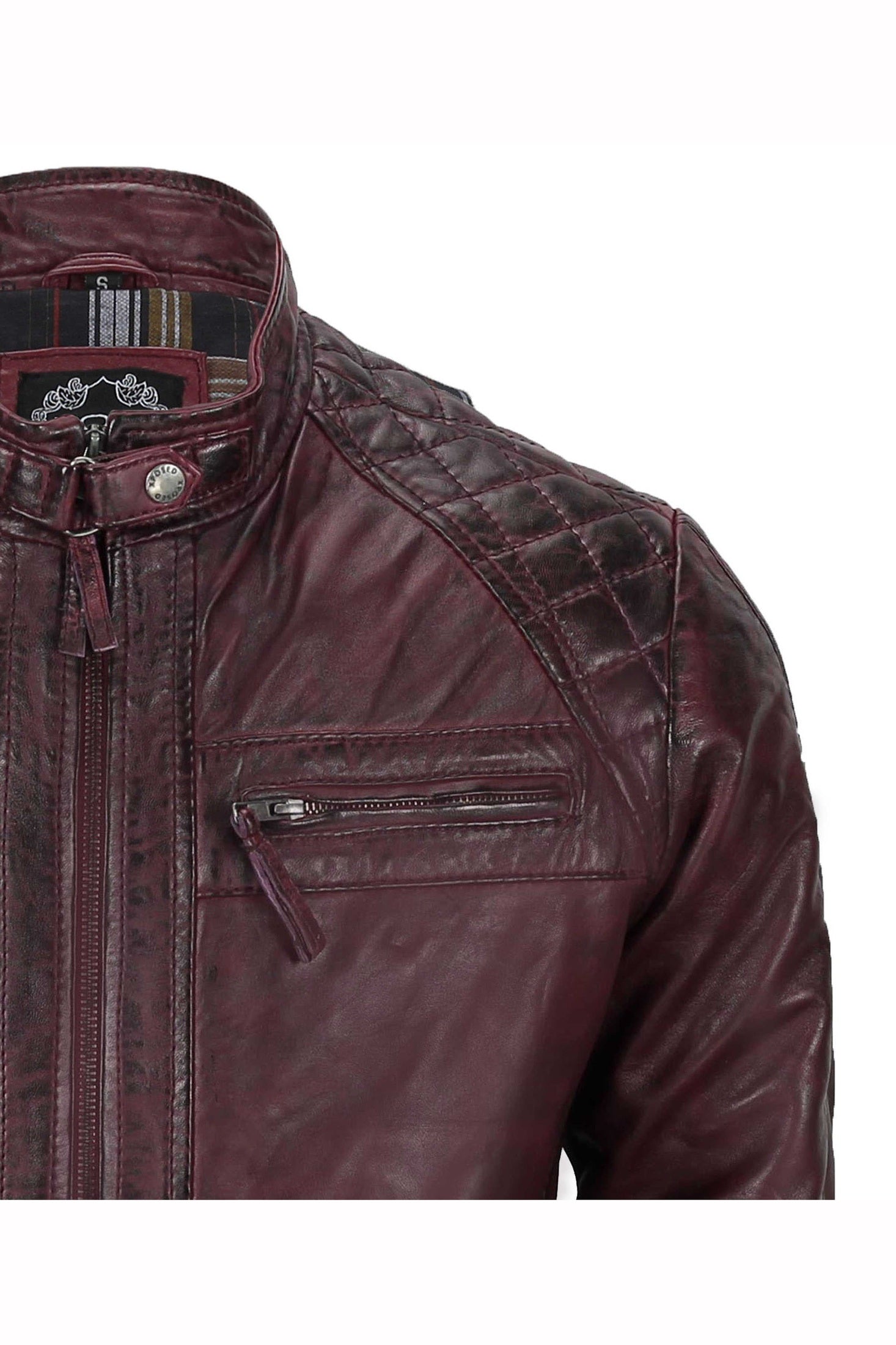 Mens Real Leather Antiqued Wash Wine Maroon Vintage Slim Fit Biker Style Jacket