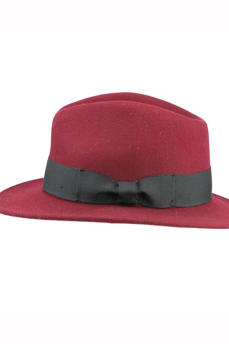 Crushable Fedora 100% Wool Wide Brim Maroon Hat