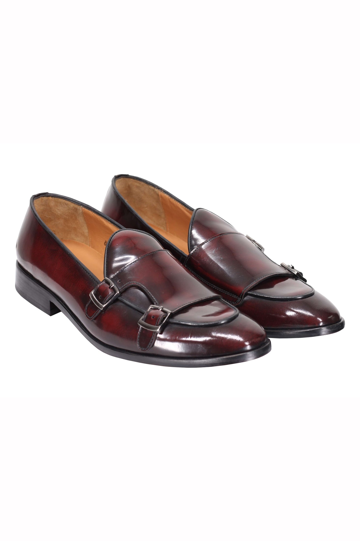 MAROON CALF LEATHER POLISHED DOUBLE MONK SHOES