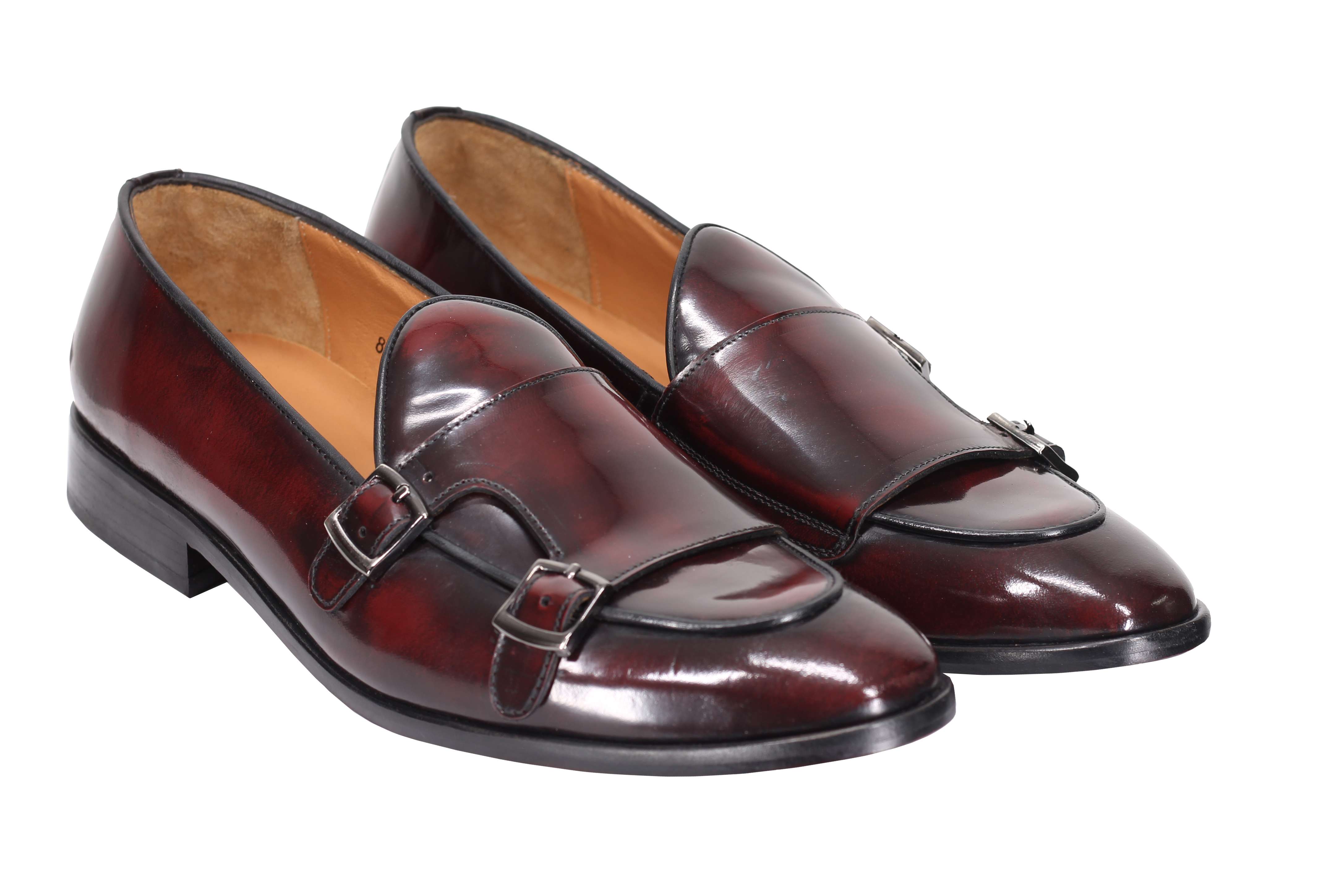 MAROON CALF LEATHER POLISHED DOUBLE MONK SHOES