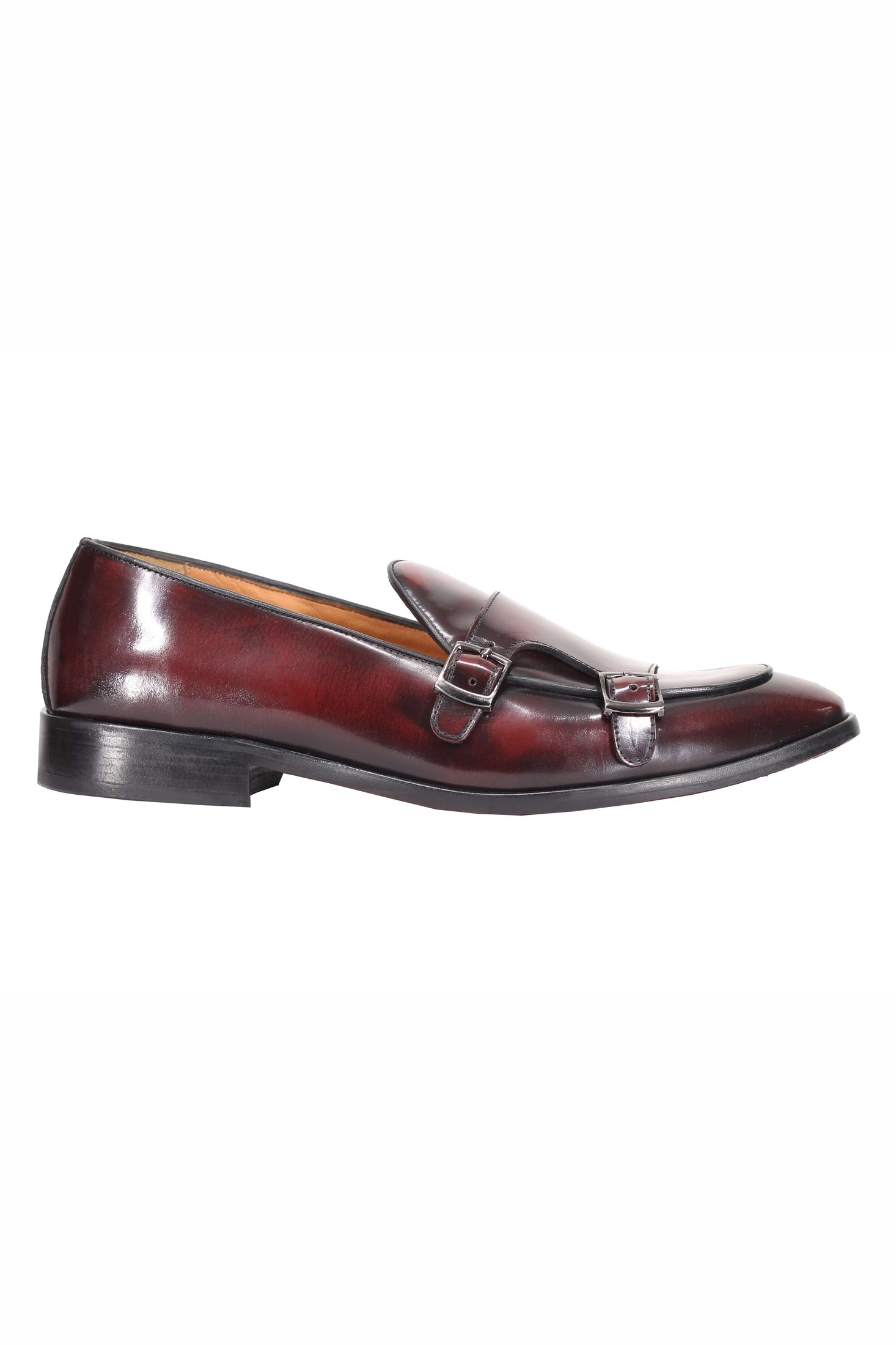MAROON CALF LEATHER POLISHED DOUBLE MONK SHOES