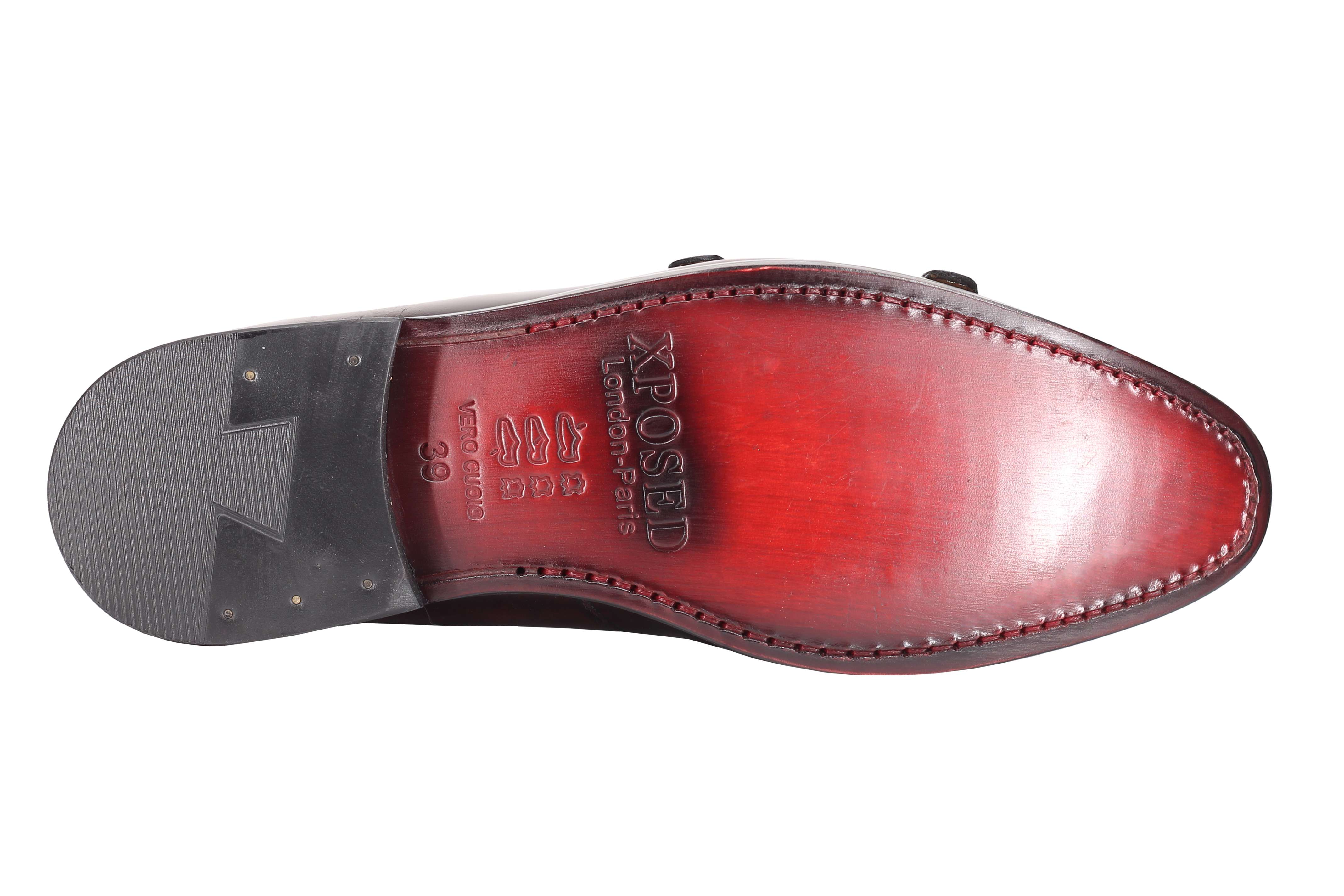 MAROON CALF LEATHER POLISHED DOUBLE MONK SHOES