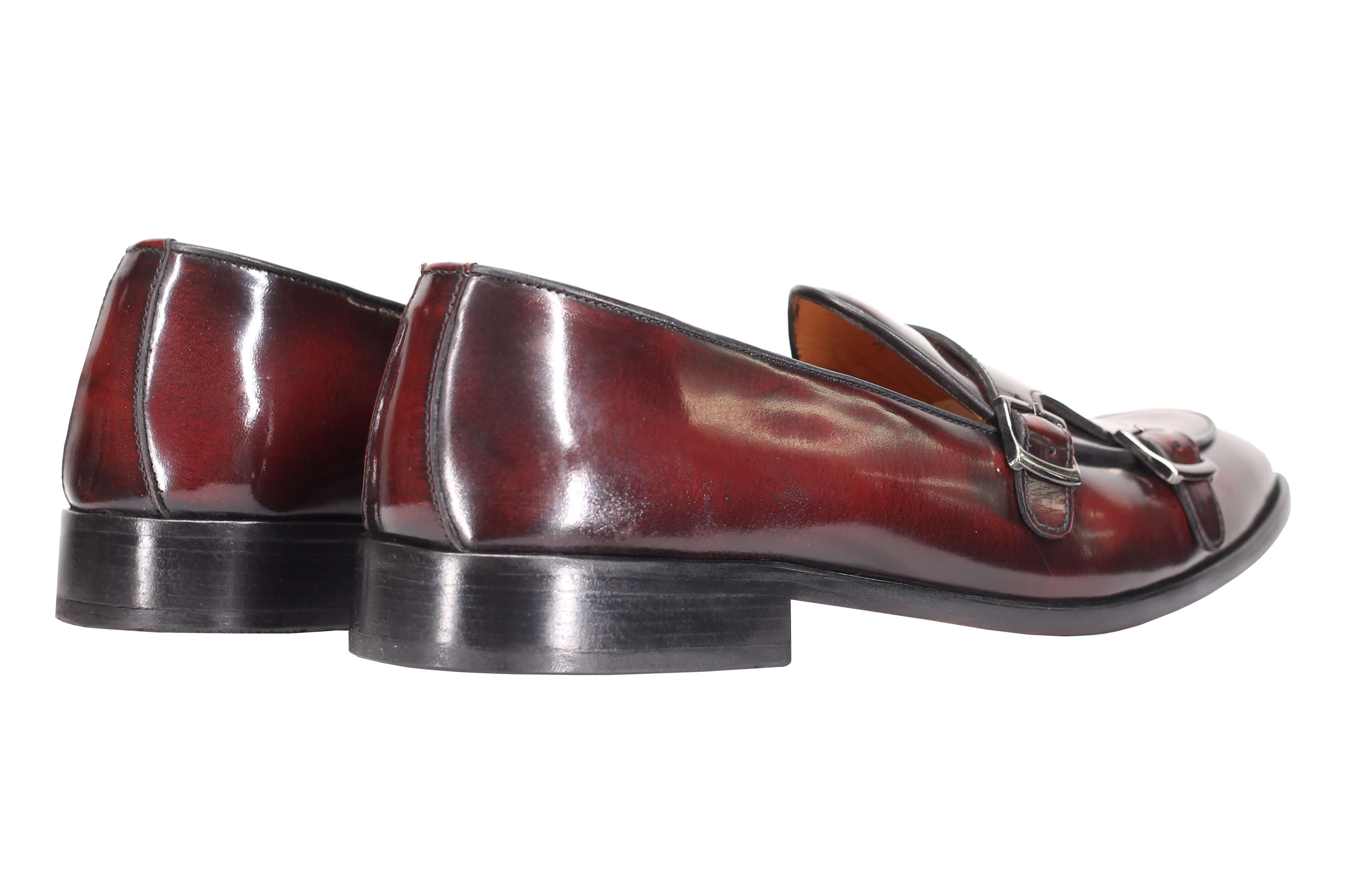 MAROON CALF LEATHER POLISHED DOUBLE MONK SHOES