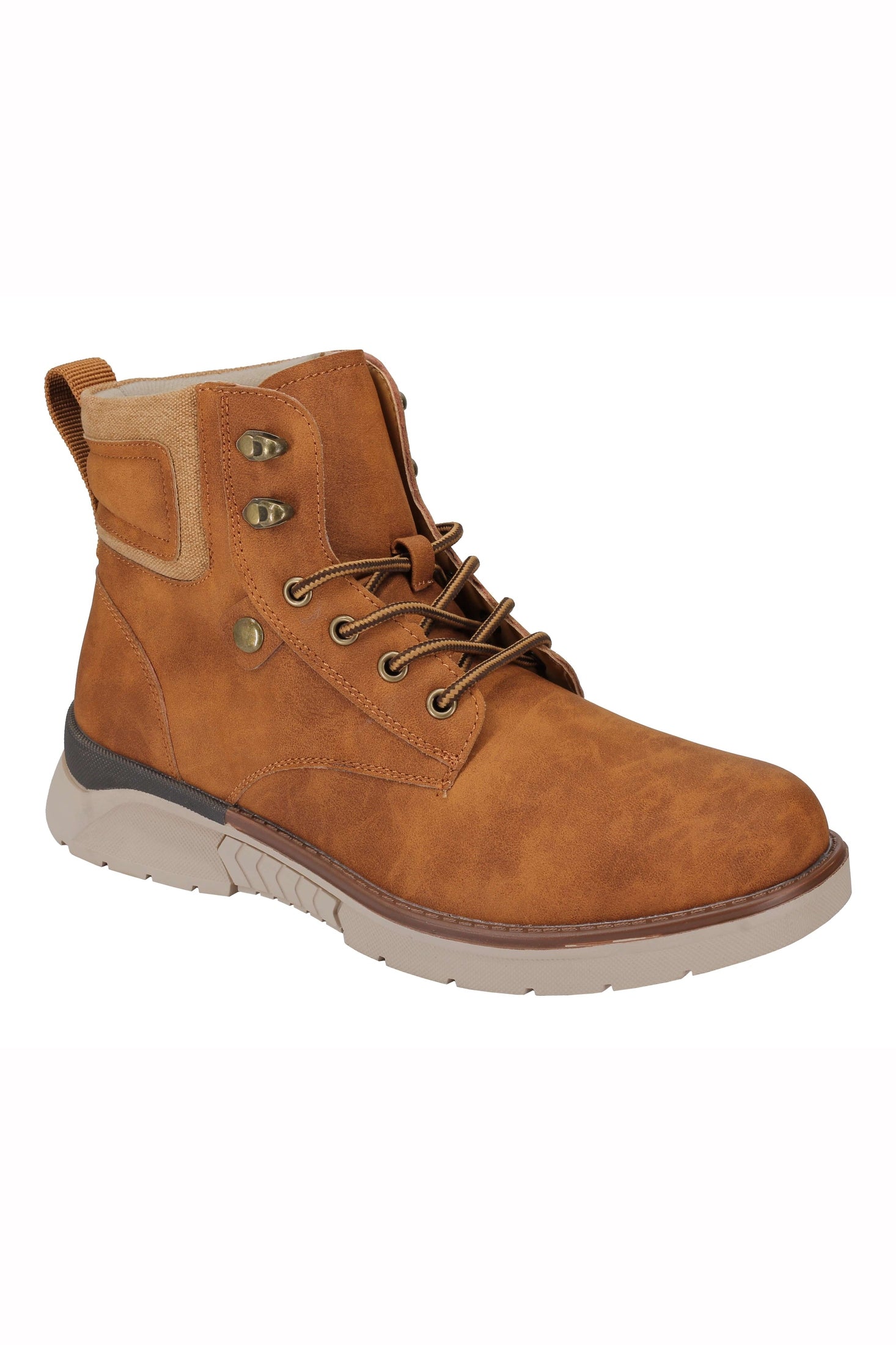 Mens Faux Nubuck Leather Boots Retro Ankle Mid Top Lace Ups in Wheat Tan & Black