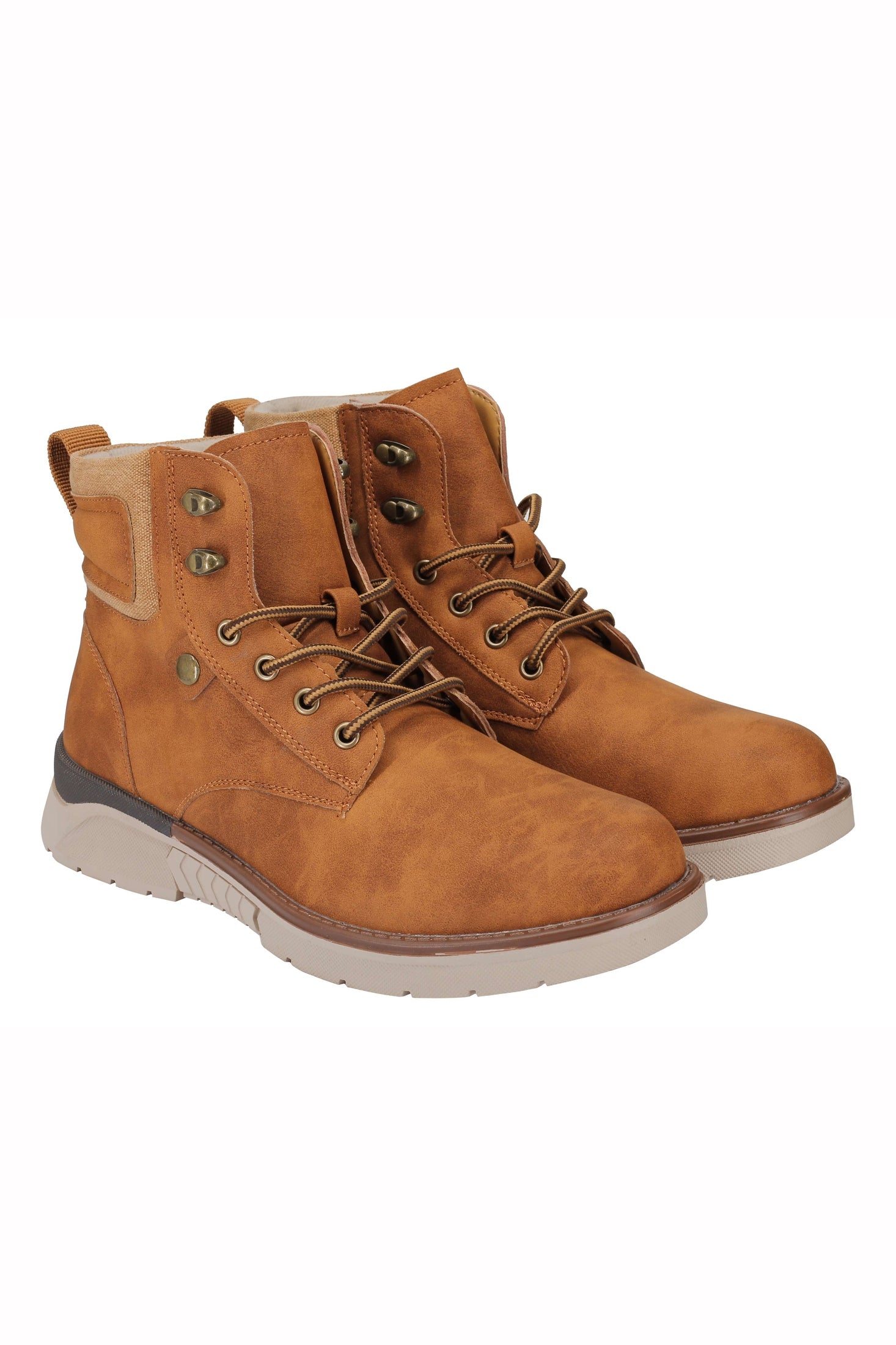Mens Faux Nubuck Leather Boots Retro Ankle Mid Top Lace Ups in Wheat Tan & Black