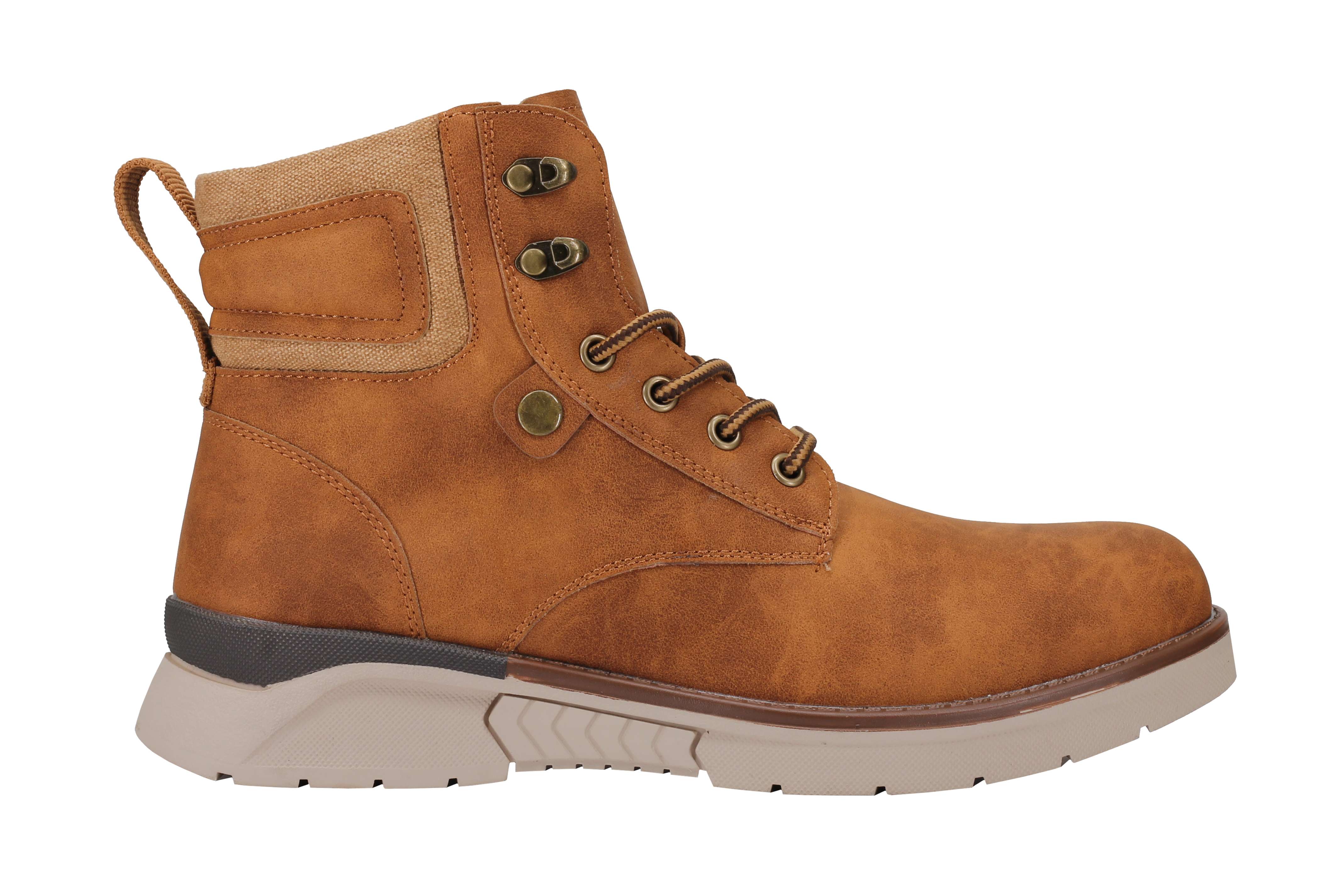 Mens Faux Nubuck Leather Boots Retro Ankle Mid Top Lace Ups in Wheat Tan & Black