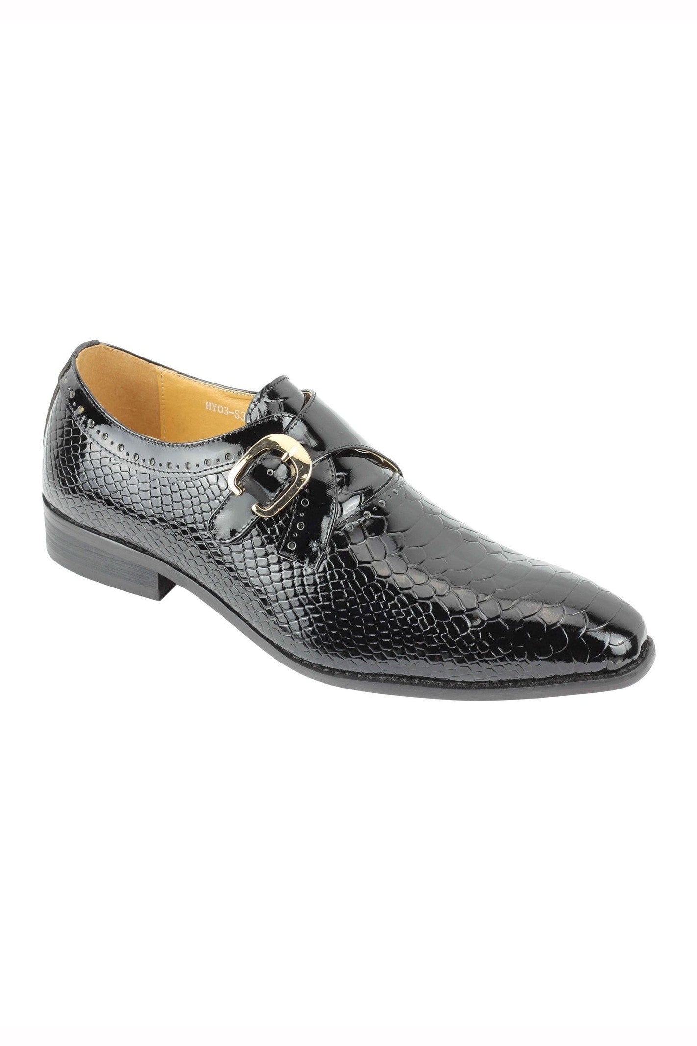 Black Printed Leather Shoes With Monk