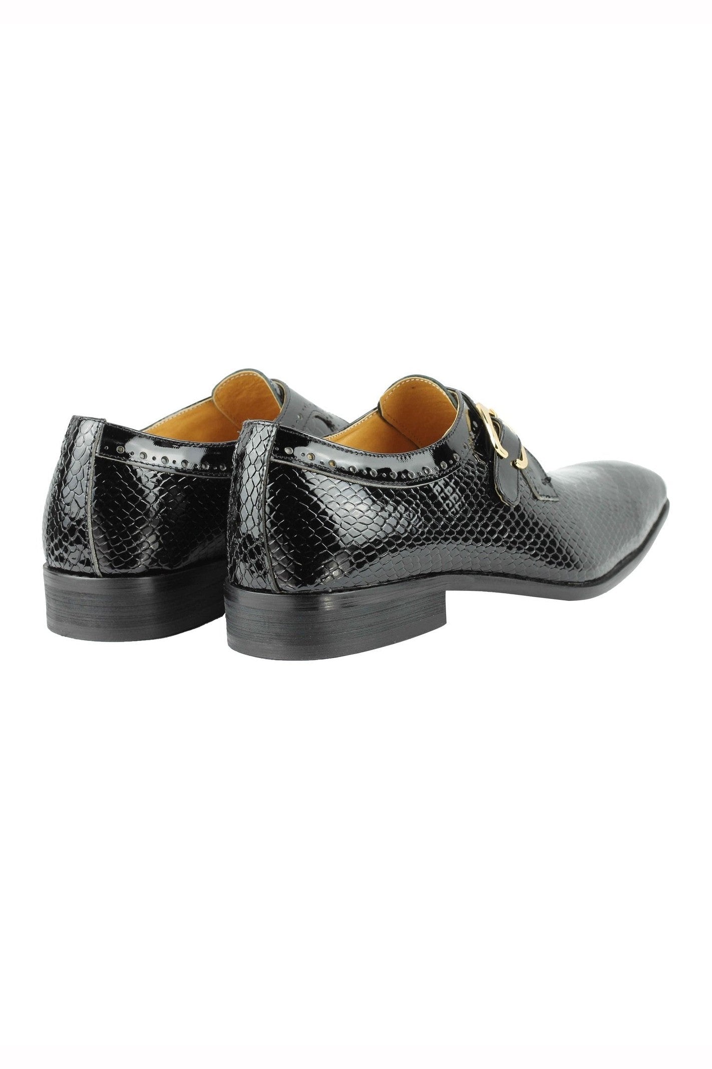 Black Printed Leather Shoes With Monk