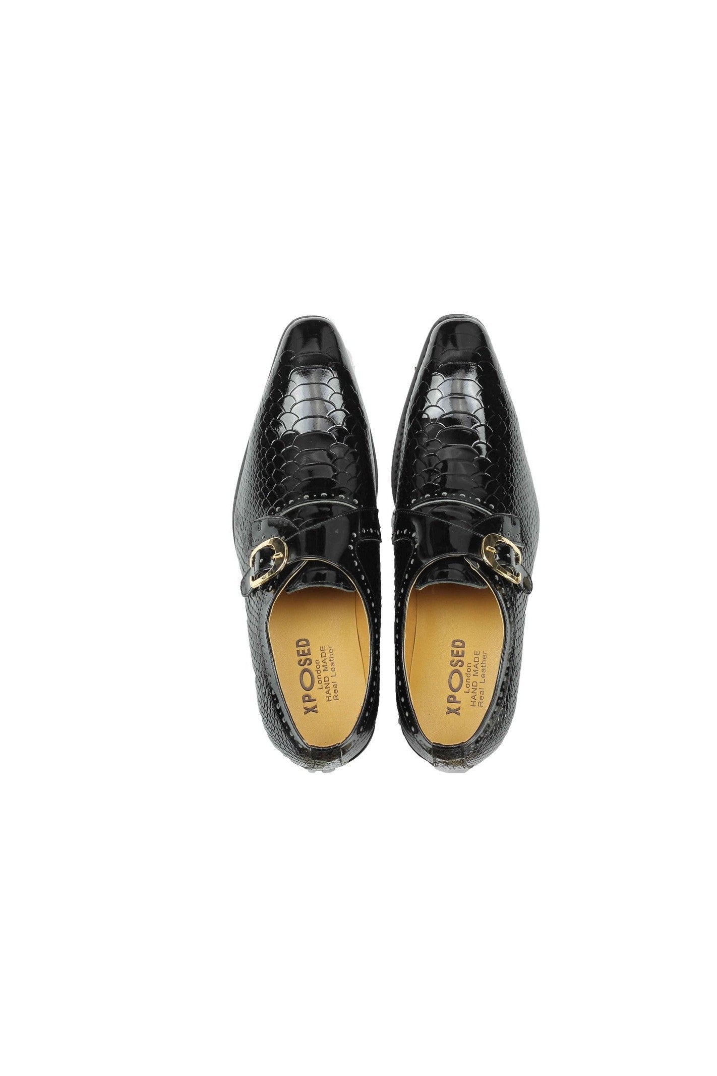 Black Printed Leather Shoes With Monk