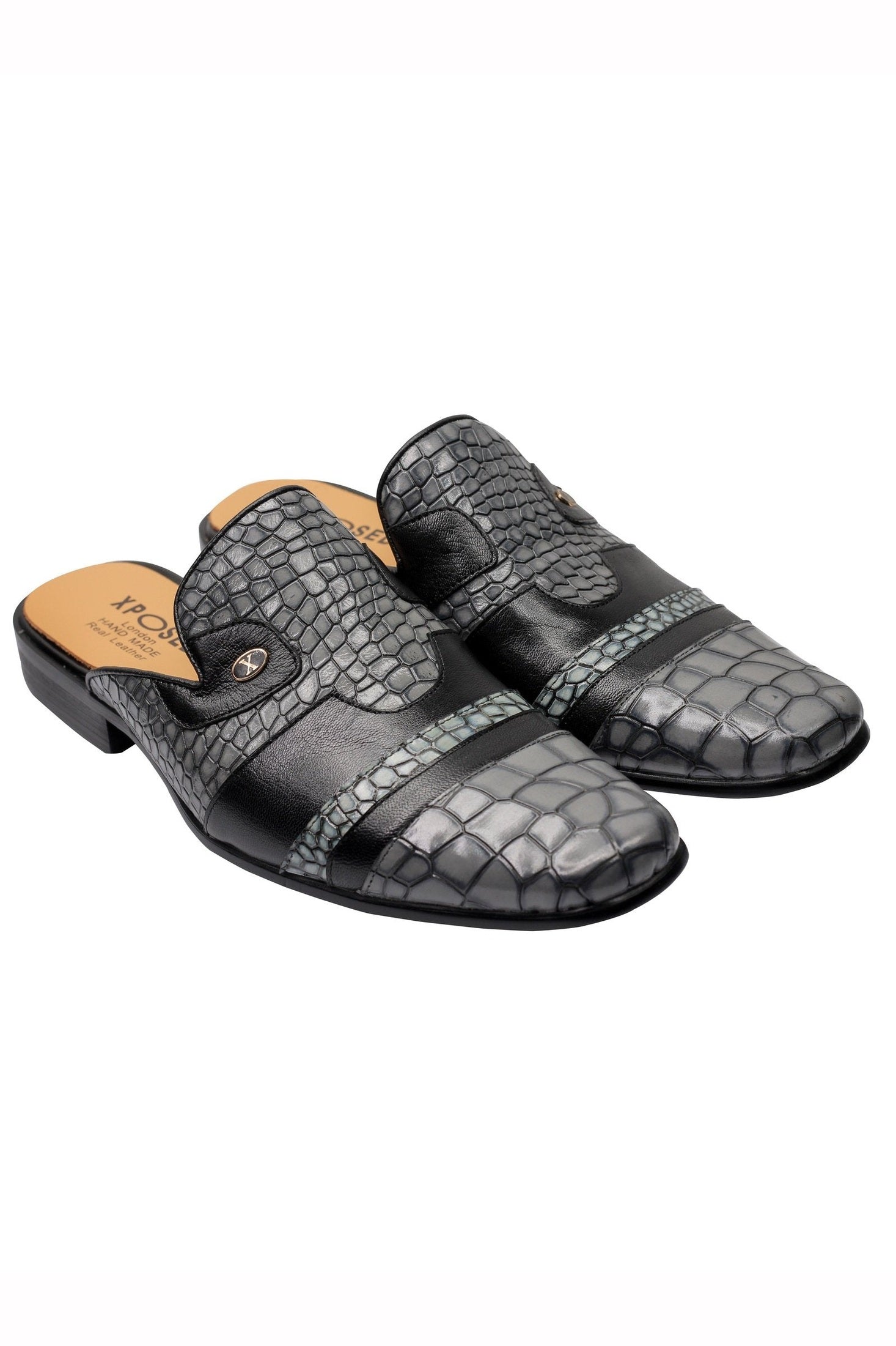 REAL LEATHER PRINTED HALF SHOE IN GREY