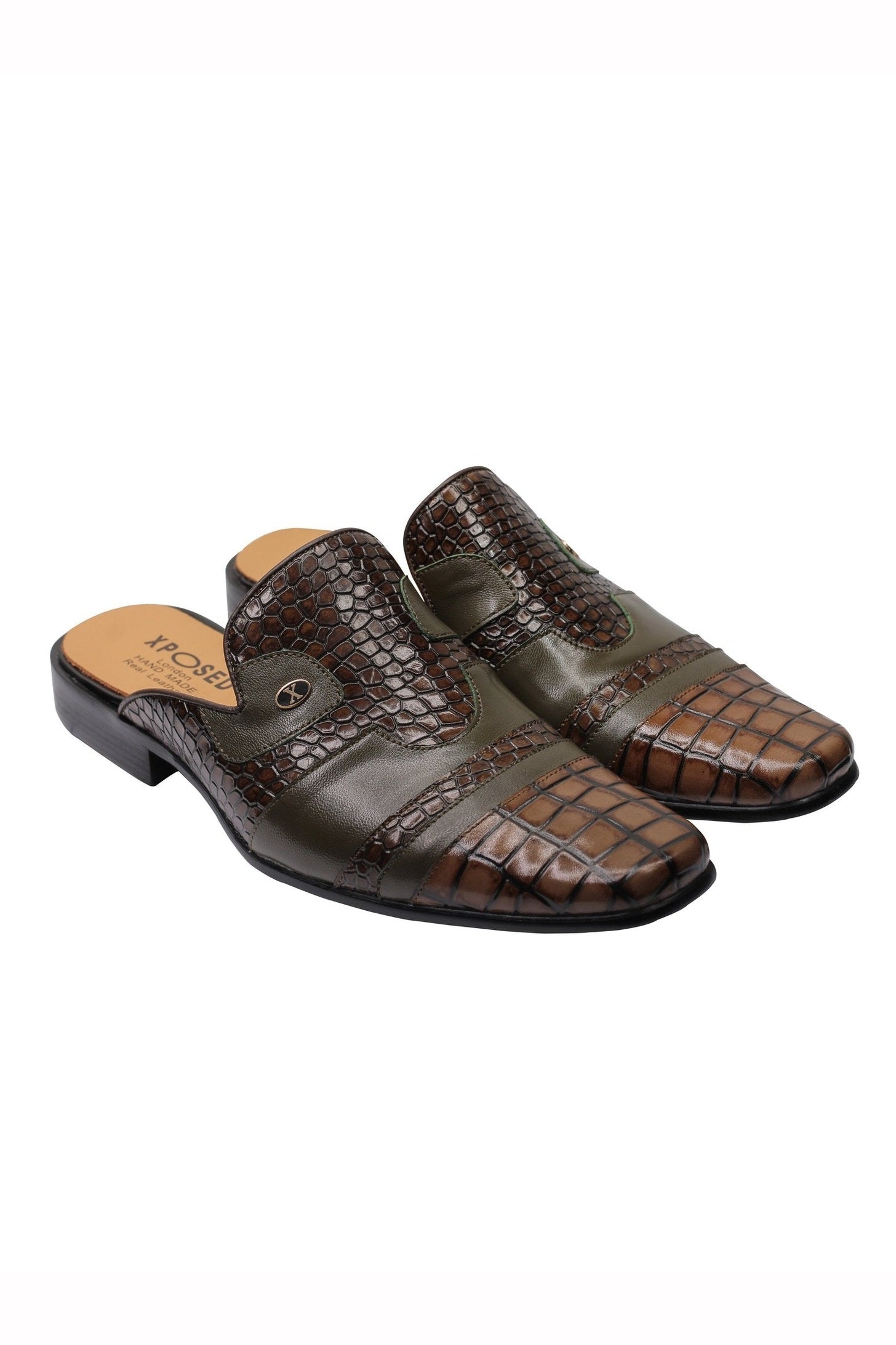 REAL LEATHER BROWN PRINTED HALF SHOE IN GREEN