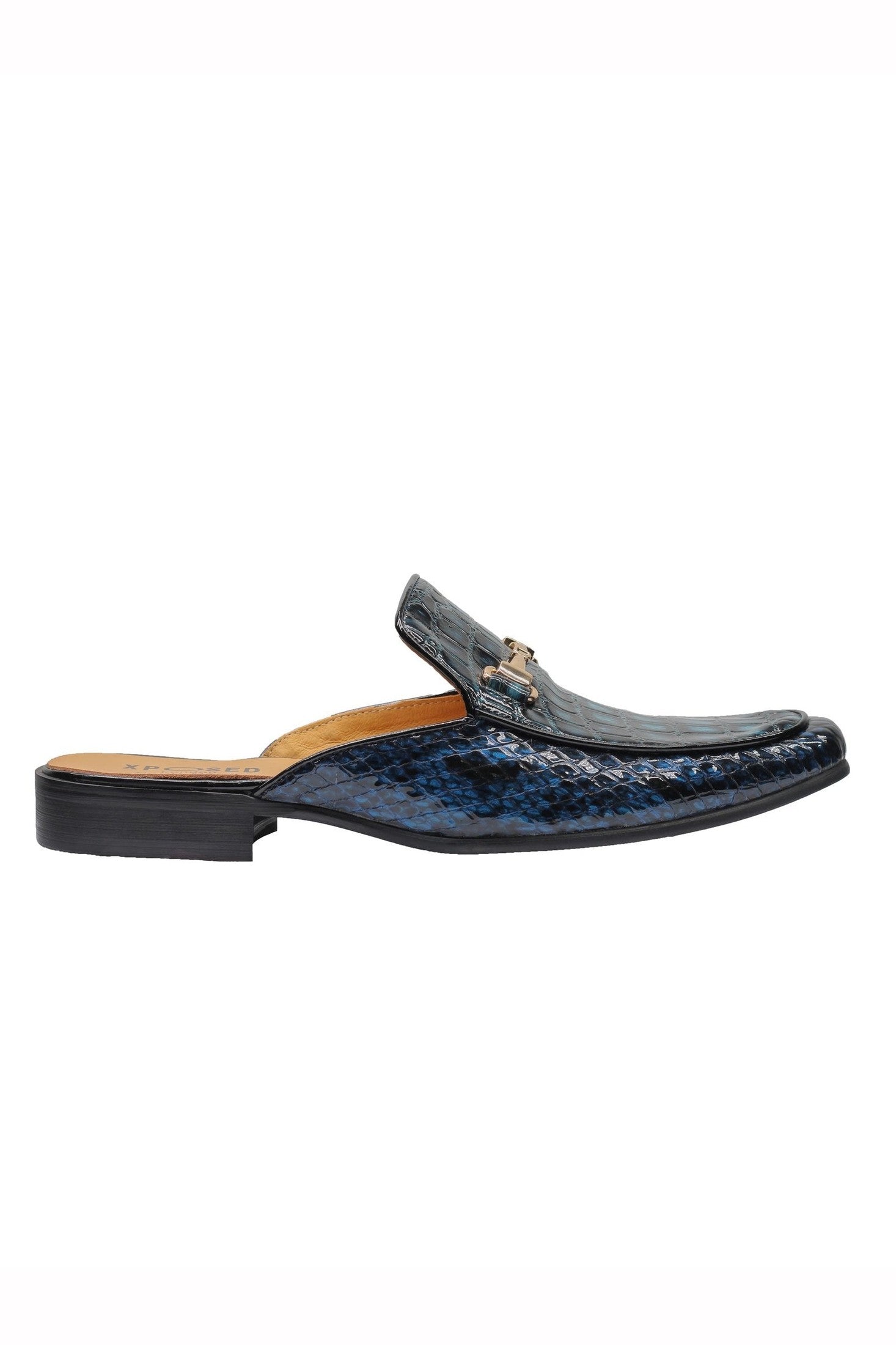 REAL LEATHER SHINY PRINTED HALF SHOES IN BLUE