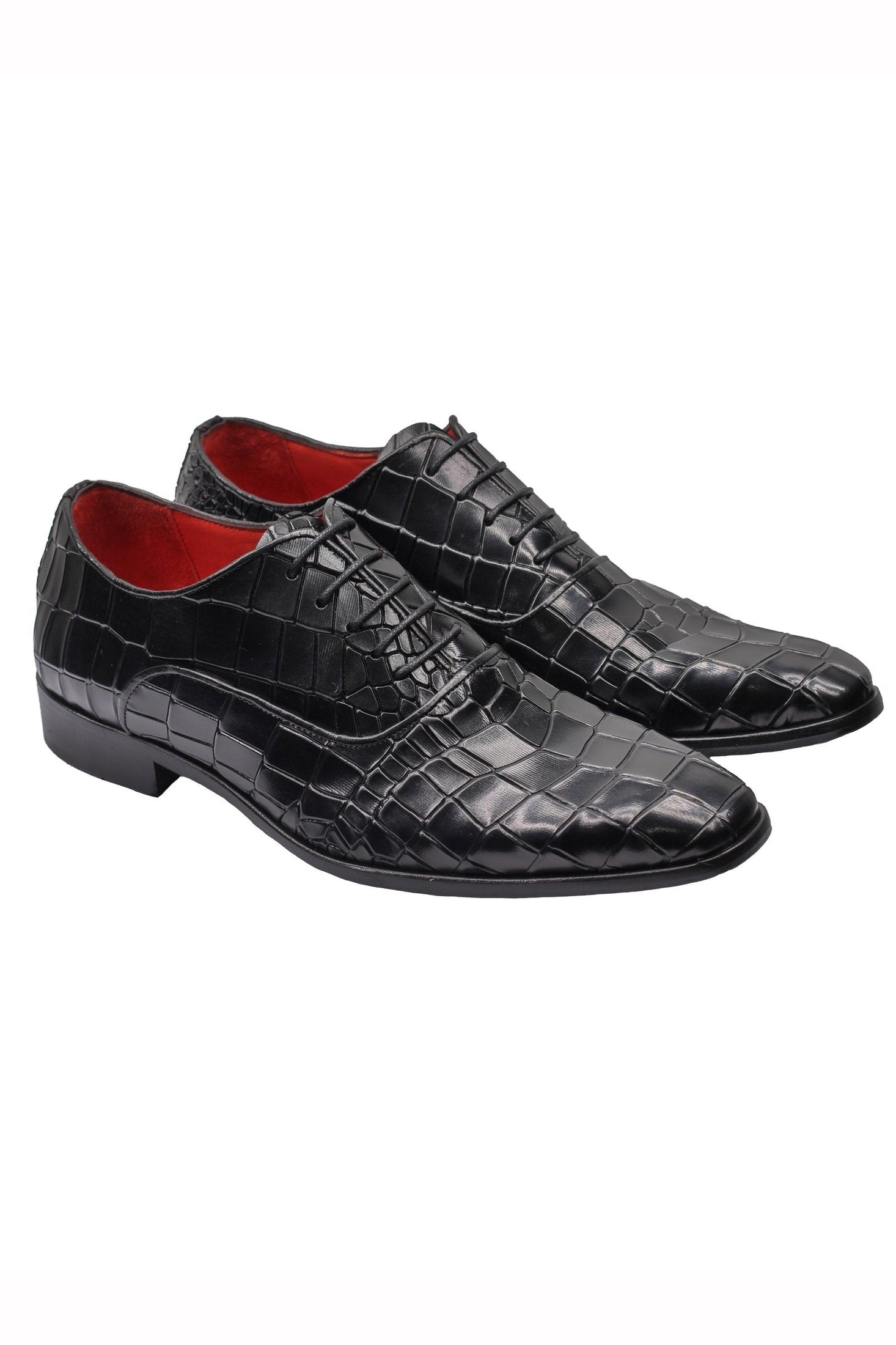 BLACK – CROCO PRINTED LEATHER OXFORDS