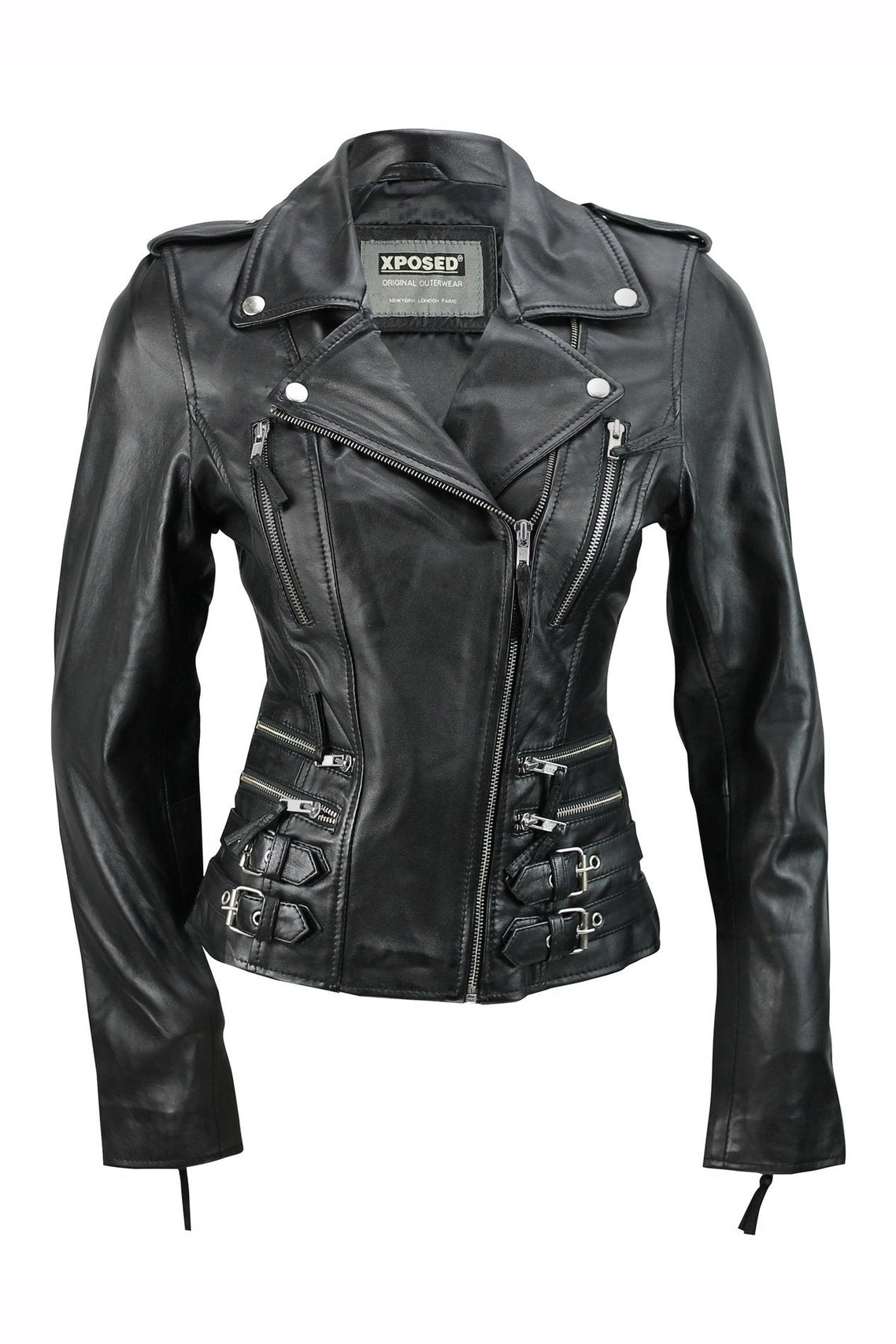 Ladies Womens Black Real Leather Fitted Vintage Biker Style Zip Buckle Jacket