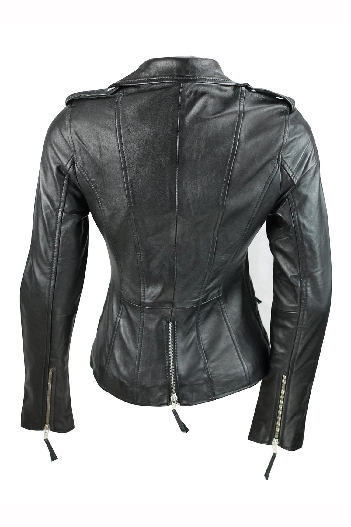 Ladies Womens Black Real Leather Fitted Vintage Biker Style Zip Buckle Jacket