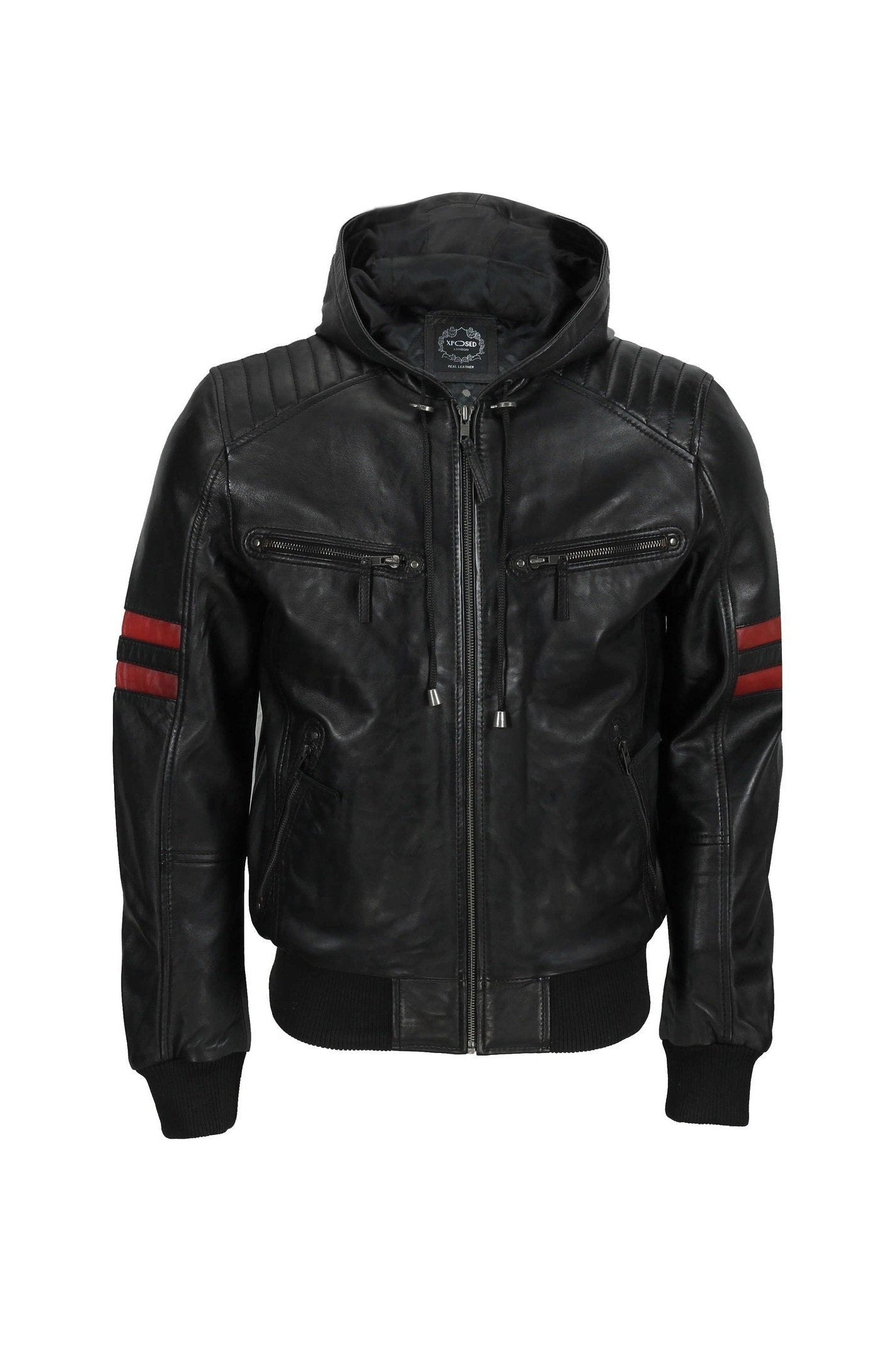 Mens Black Real Leather Bomber Jacket with Hood Vintage Smart Casual Biker Style