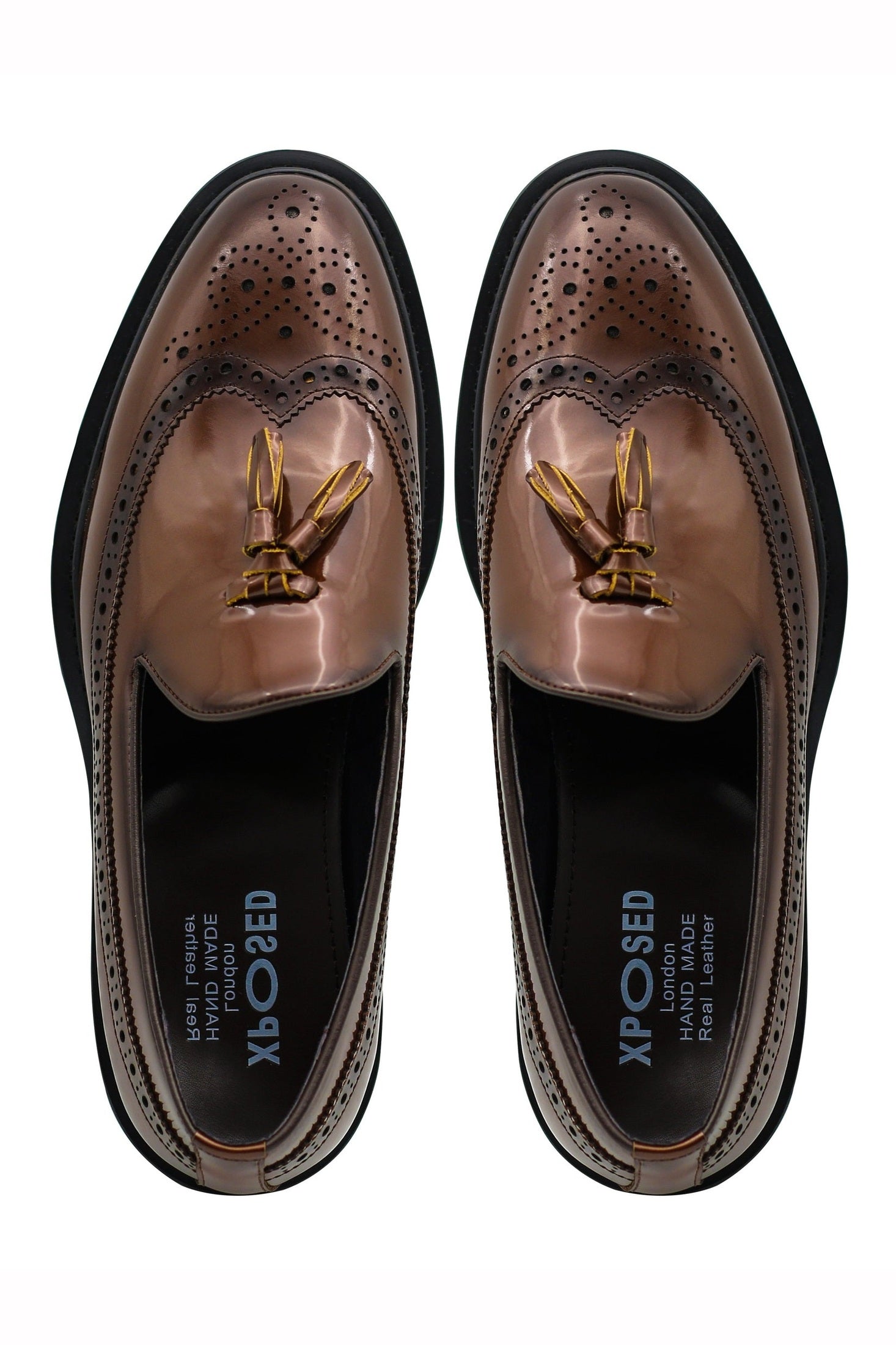 BROWN GLOSS POLISHED LEATHER TASSEL LOAFERS