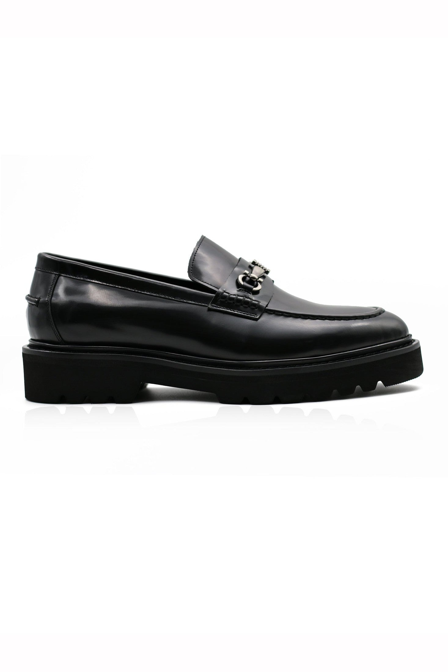 SNAFFLE BIT LUG SOLE BLACK POLISHED LEATHER LOAFERS