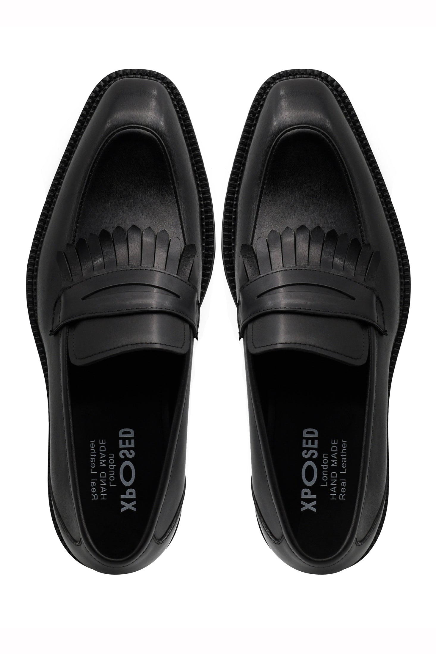 BLACK LEATHER PENNY LOAFERS WITH FRINGE
