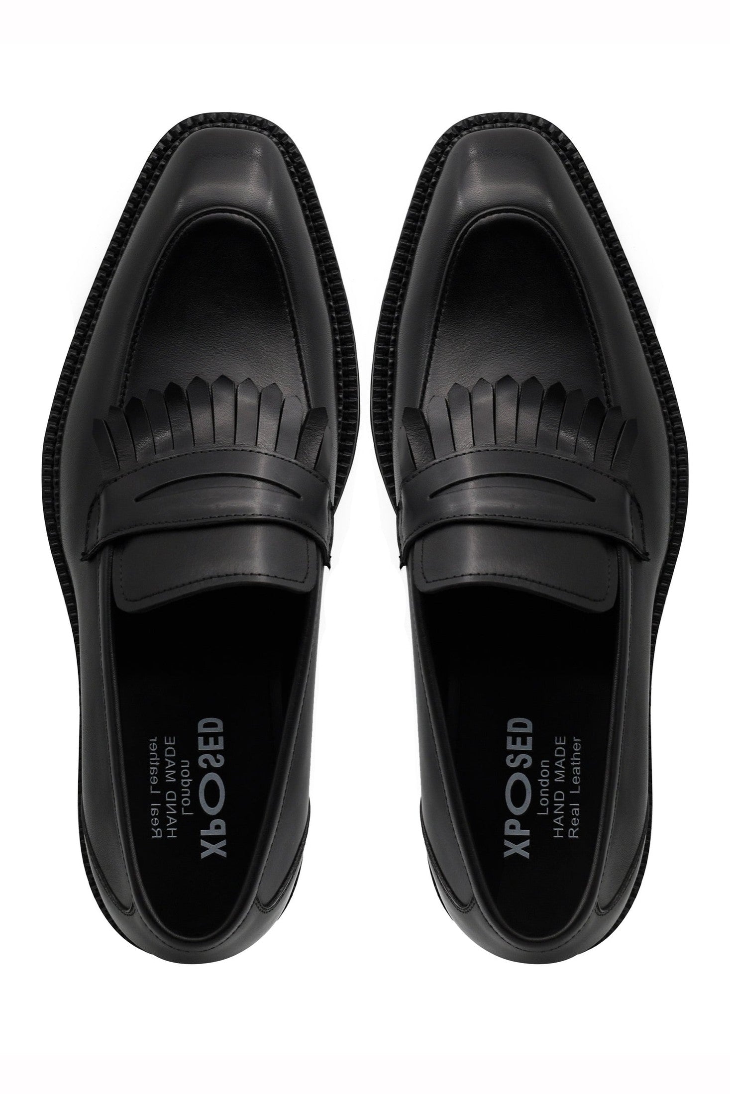 BLACK LEATHER PENNY LOAFERS WITH FRINGE