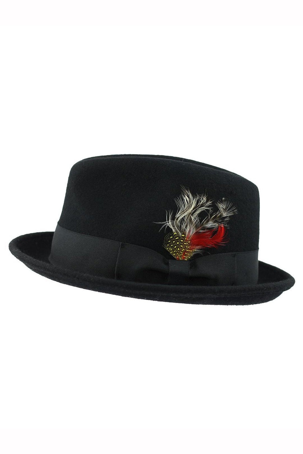 Feather Black Hat 100% Felt Wool Crushable Fedora Brim - CC308