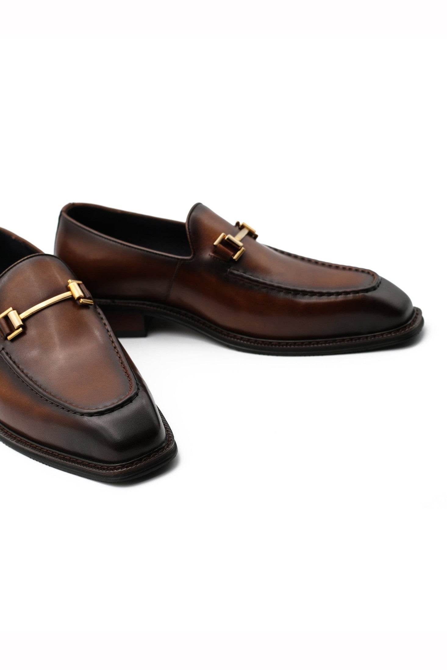 BROWN POLISHED LEATHER SNAFFLE BIT DRESS LOAFERS