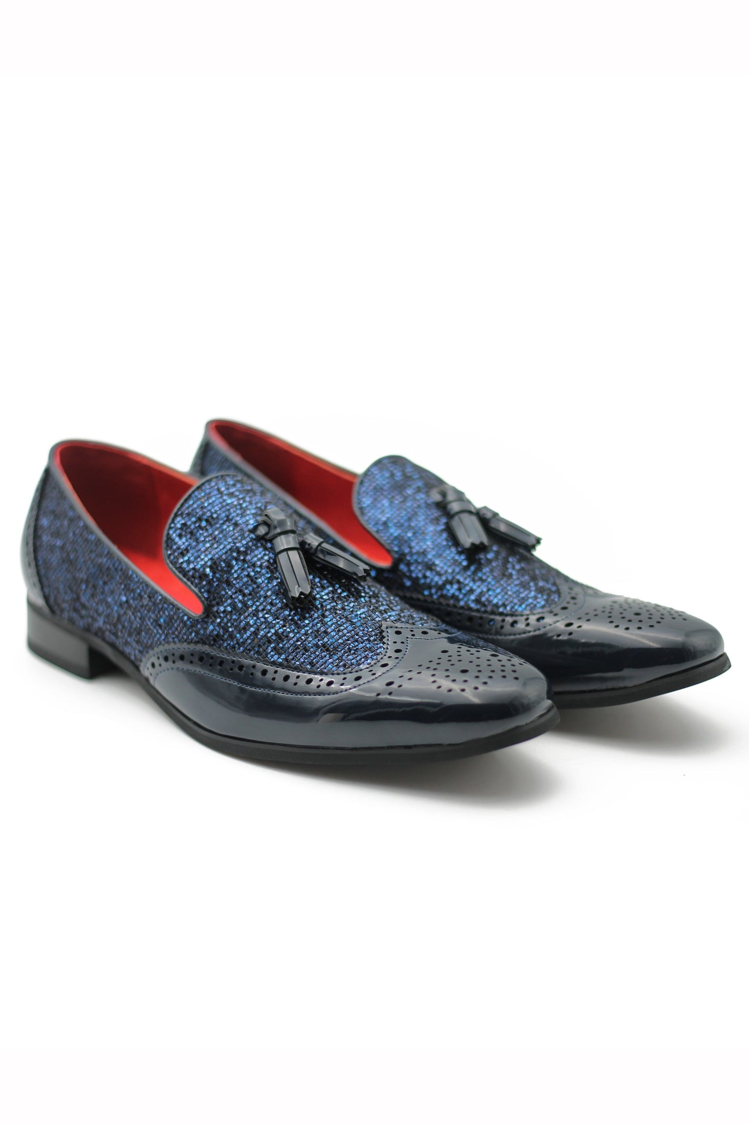 NAVY FAUX PATENT LEATHER SHINY GLITTER PARTY TASSEL LOAFER