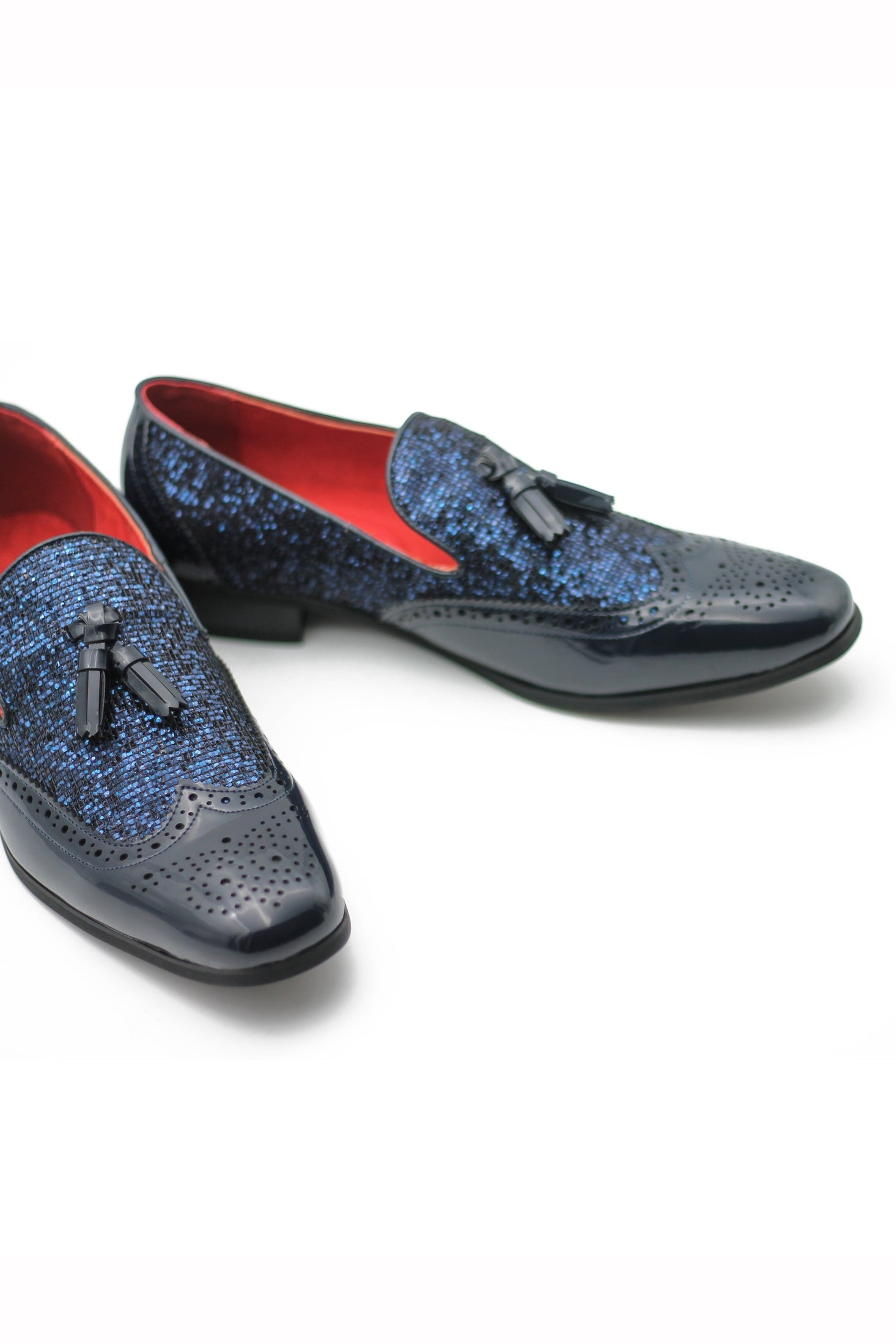NAVY FAUX PATENT LEATHER SHINY GLITTER PARTY TASSEL LOAFER